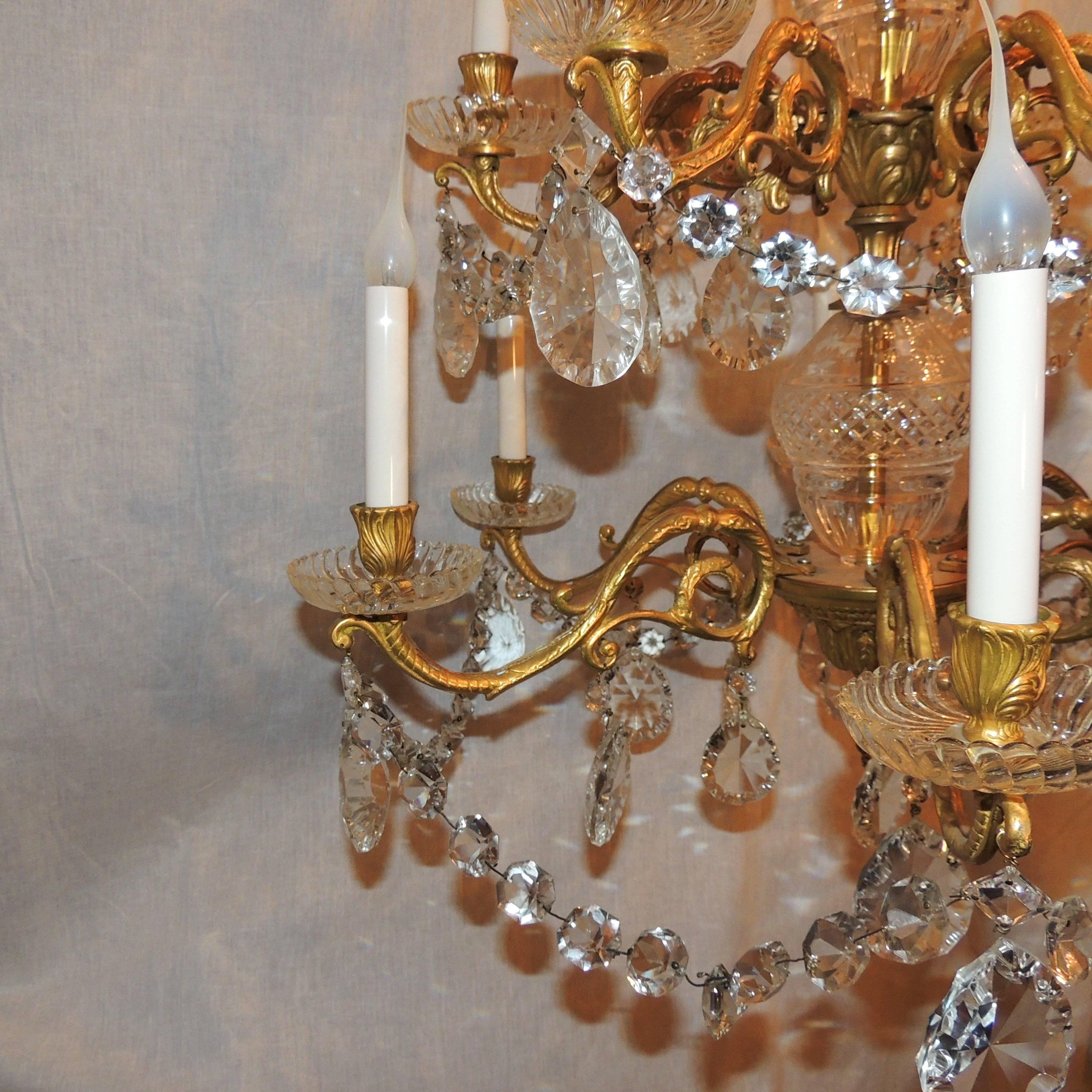 Mid-20th Century French Three-Tier 12-Arm Cut Crystal Dore Bronze Chandelier Floral Fixture For Sale