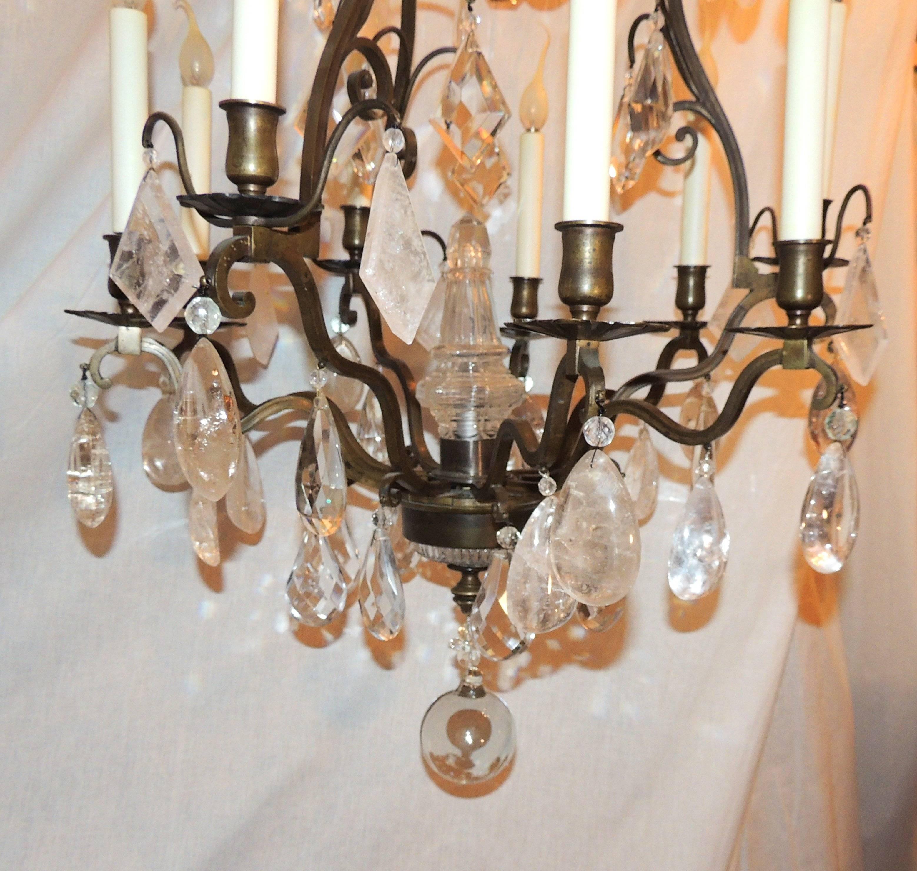 French Bronze Ten-Light Rock Crystal Bird Cage Bagues Patina Chandelier For Sale 2