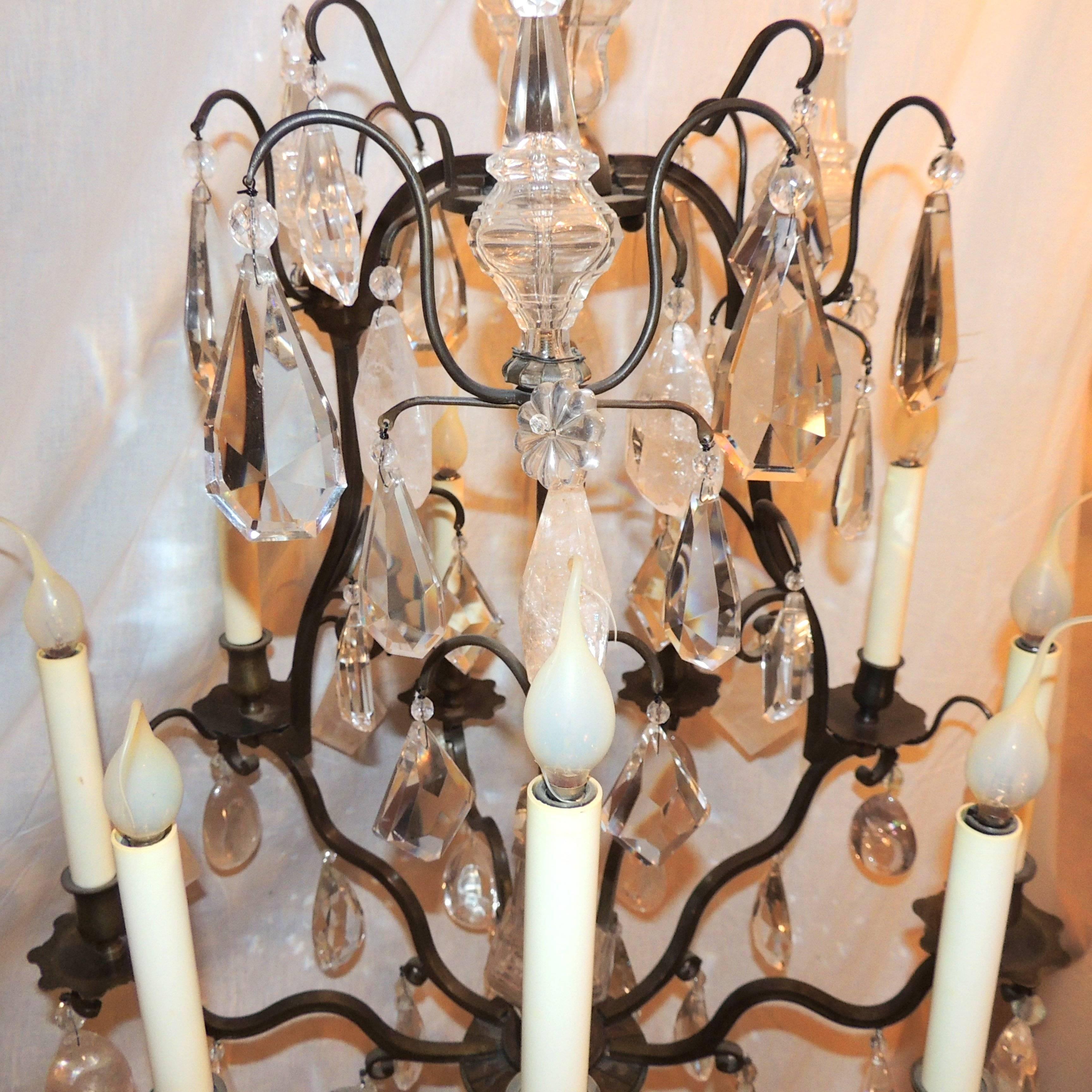 French Bronze Ten-Light Rock Crystal Bird Cage Bagues Patina Chandelier In Good Condition For Sale In Roslyn, NY