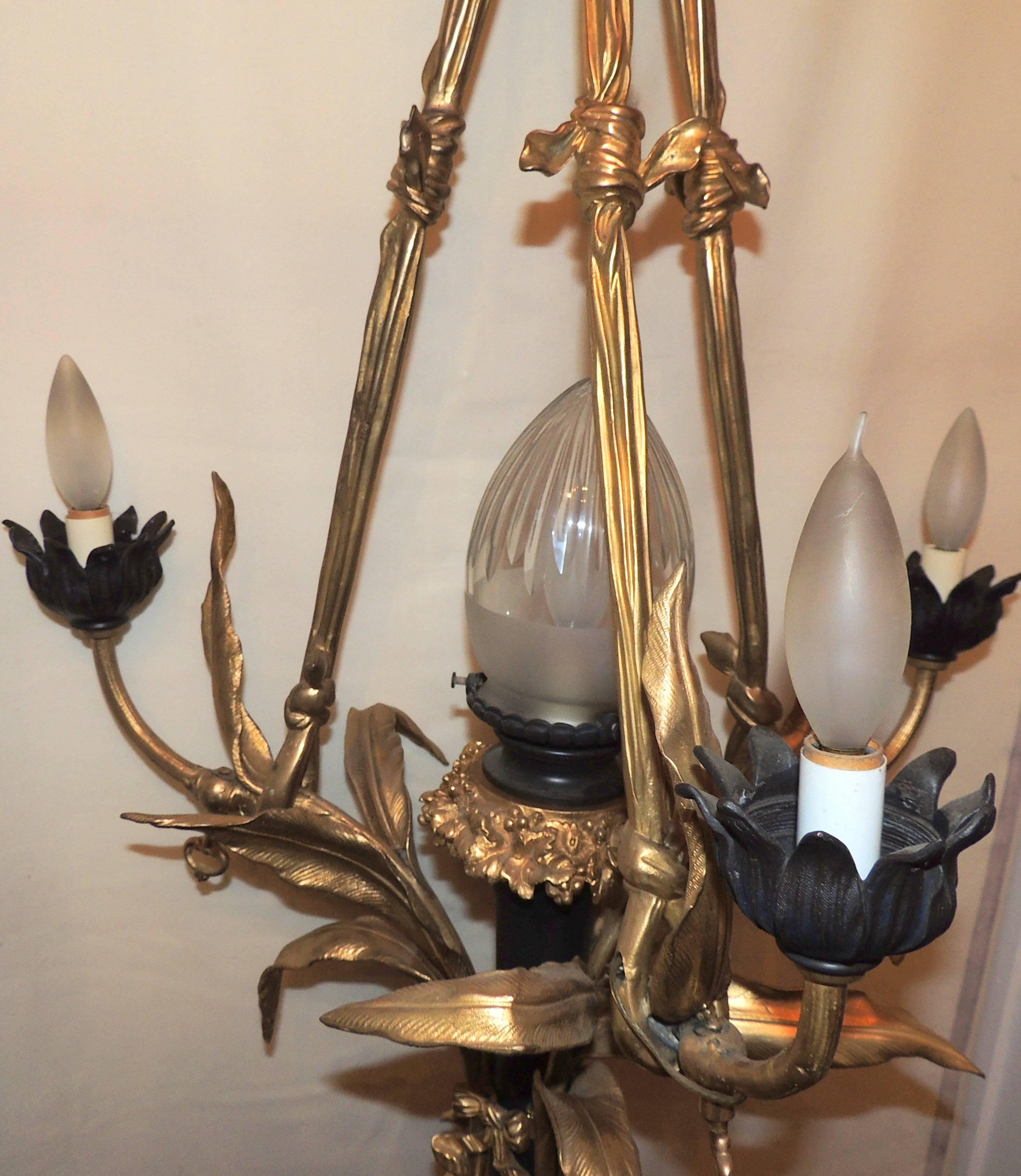 Frosted Wonderful French Doré Patina Bronze Bow Neoclassical Crystal Shade Chandelier For Sale