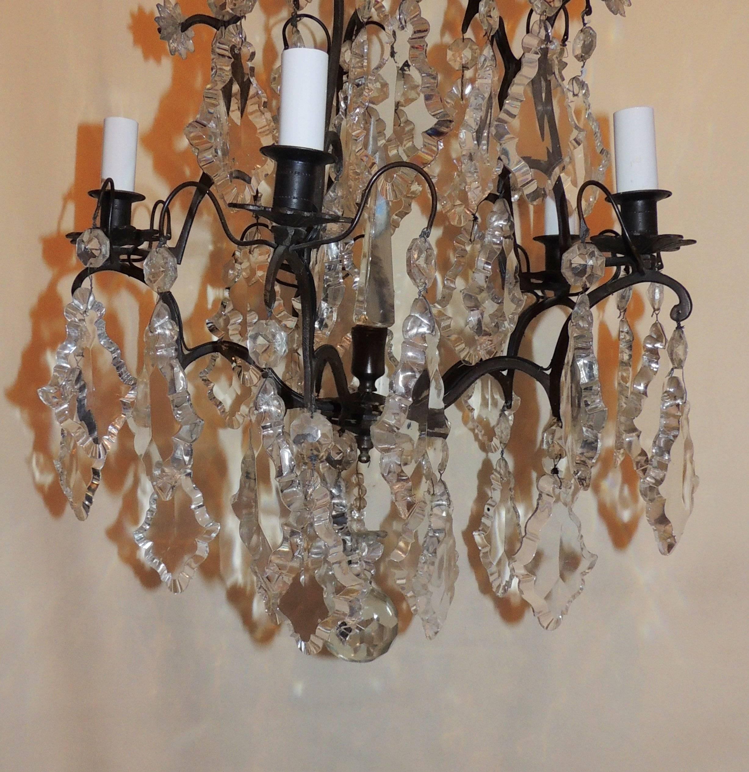 Charming French Patinated Bronze Crystal Five-Light Chandelier Bird Cage Fixture In Good Condition For Sale In Roslyn, NY