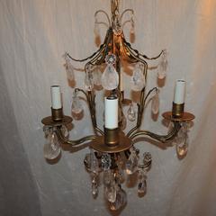 Petite Gilt Bronze Bagues Pagoda Rock Crystal Four-Light Tole Chandelier