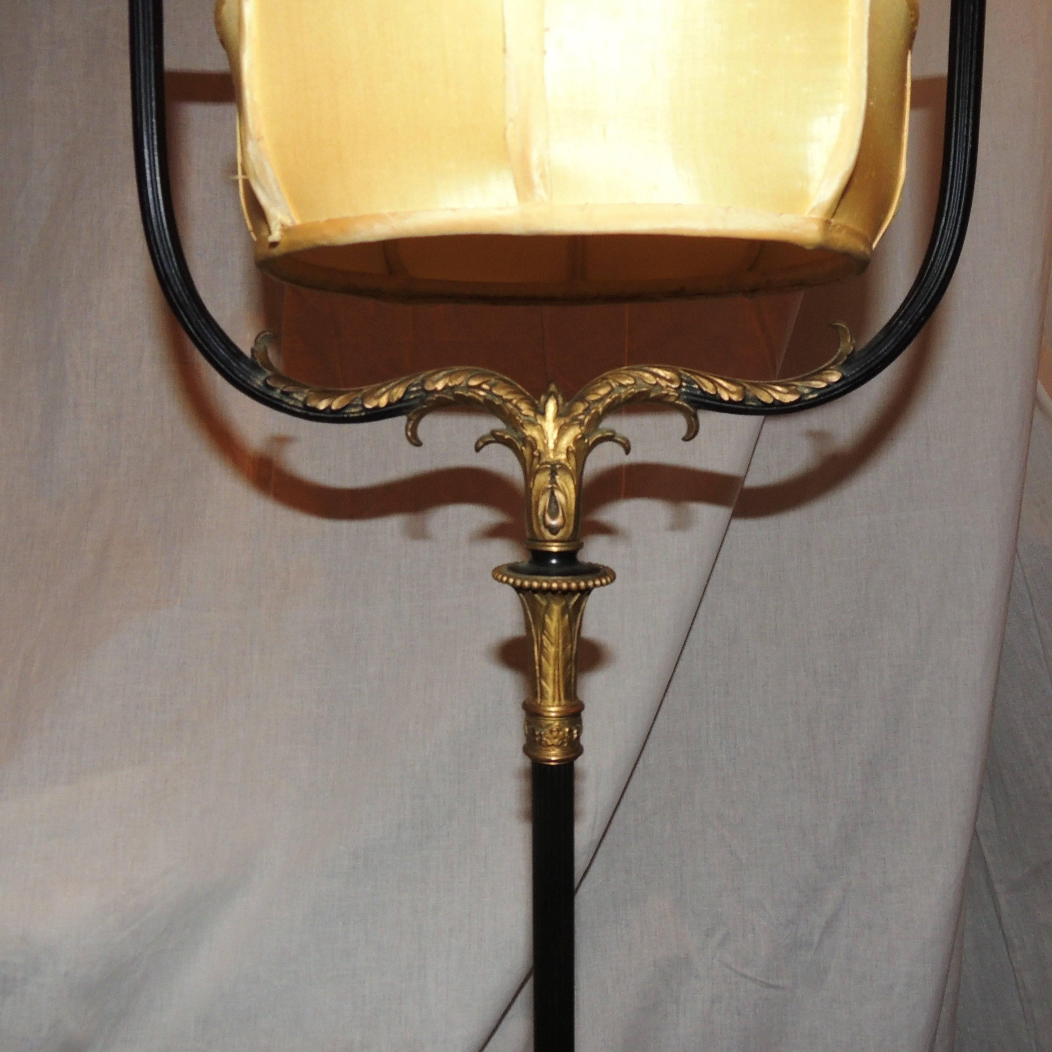 Wonderful Patinated Gilt Bronze Caldwell Floor Lamp Silk Shade Marble Claw Foot For Sale 2
