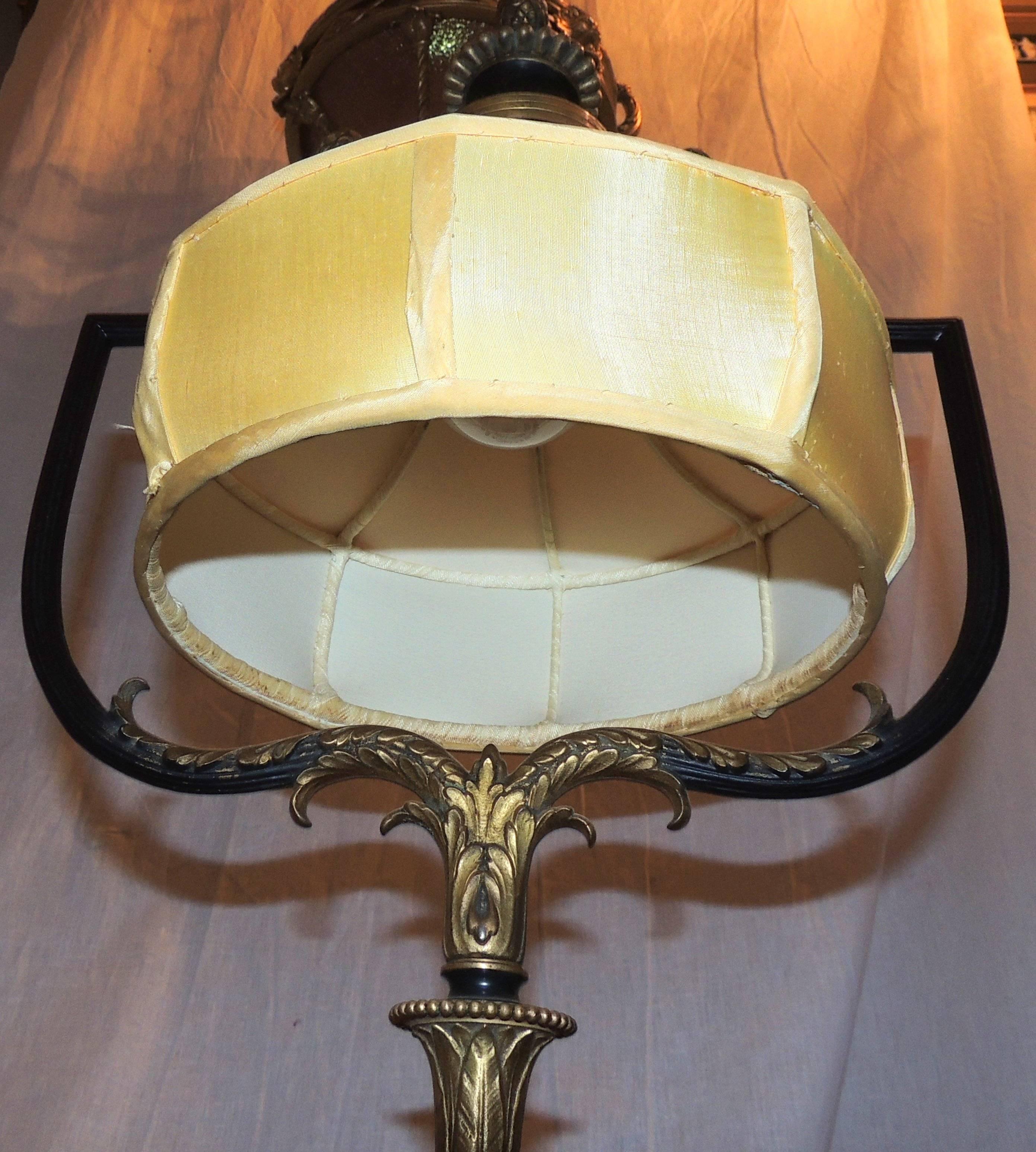 Wonderful Patinated Gilt Bronze Caldwell Floor Lamp Silk Shade Marble Claw Foot For Sale 1