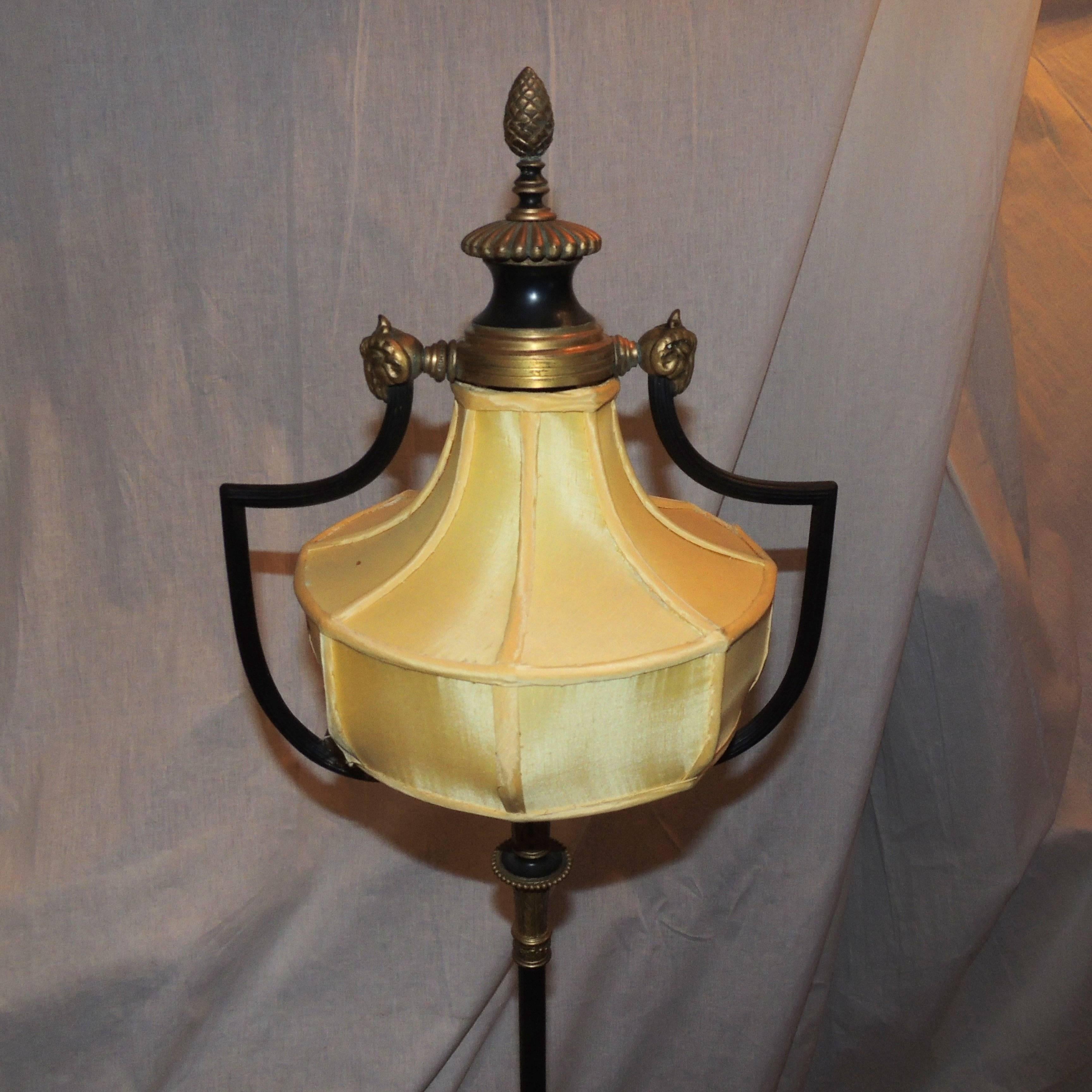 French Wonderful Patinated Gilt Bronze Caldwell Floor Lamp Silk Shade Marble Claw Foot For Sale