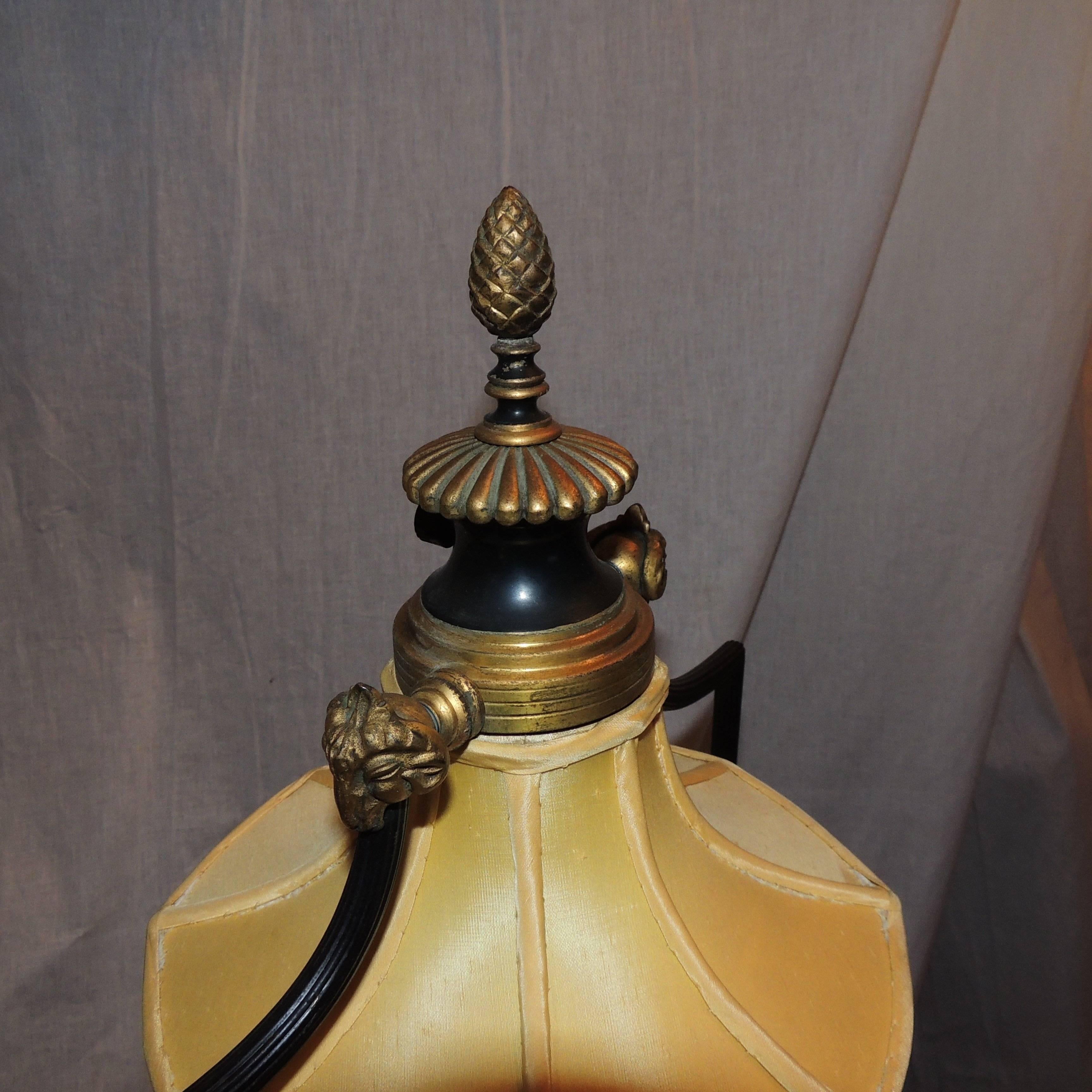 Wonderful Patinated Gilt Bronze Caldwell Floor Lamp Silk Shade Marble Claw Foot In Good Condition For Sale In Roslyn, NY