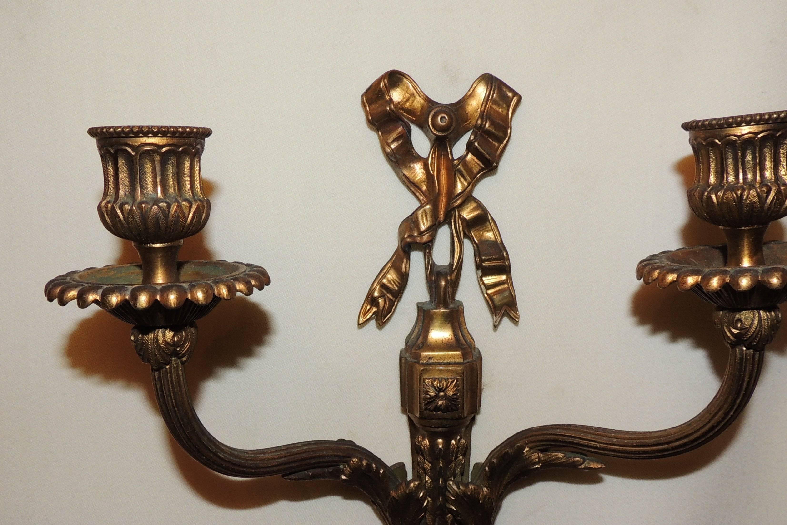 Mid-20th Century Wonderful French Gilt Bronze Set of Four Bow Top Neoclassical Two-Arm Sconces For Sale