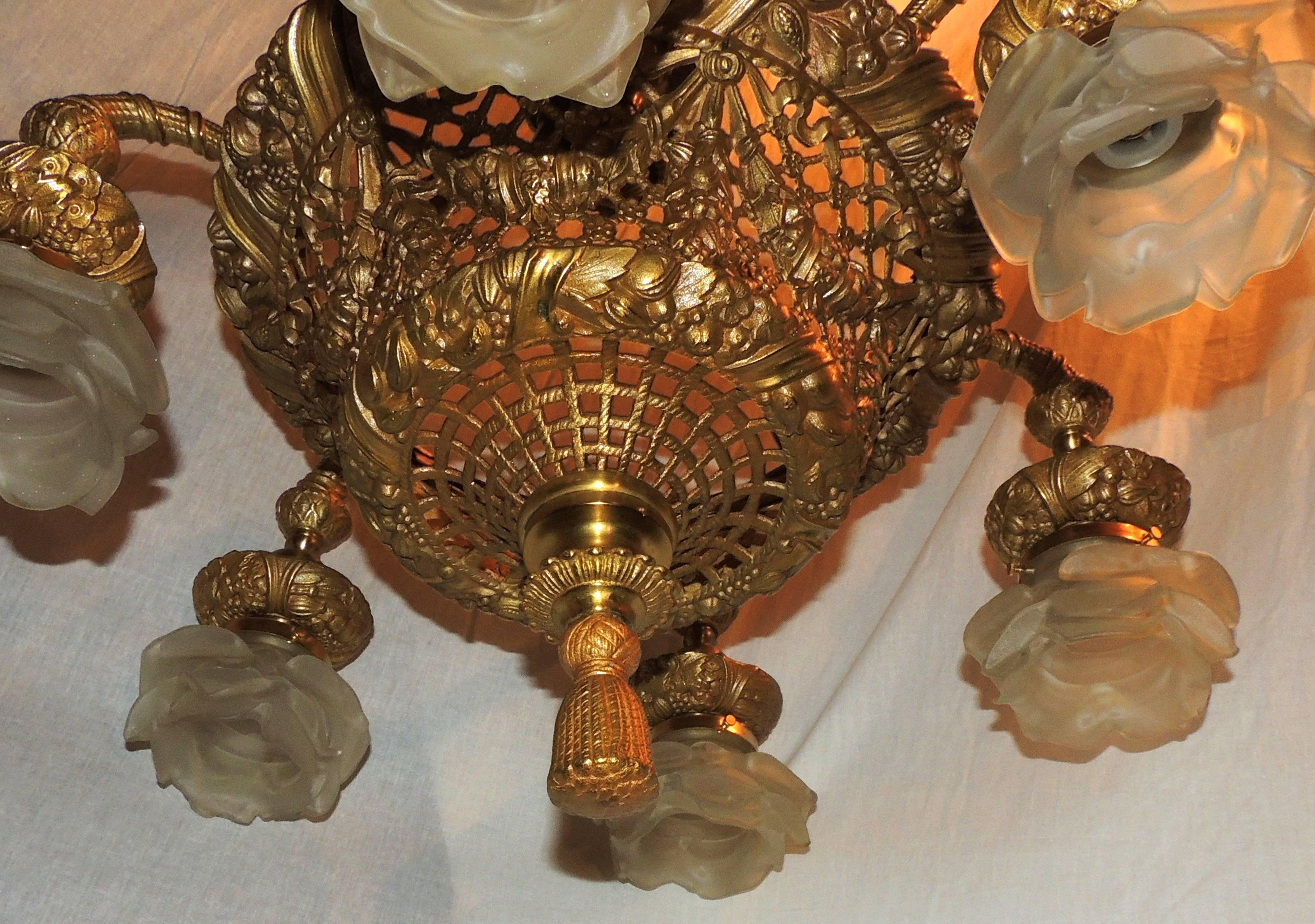 Wonderful French Dore Bronze Basket Form Pierced and Swag Chandelier Fixture 2