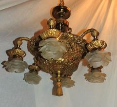 Wonderful French Dore Bronze Basket Form Pierced and Swag Chandelier Fixture