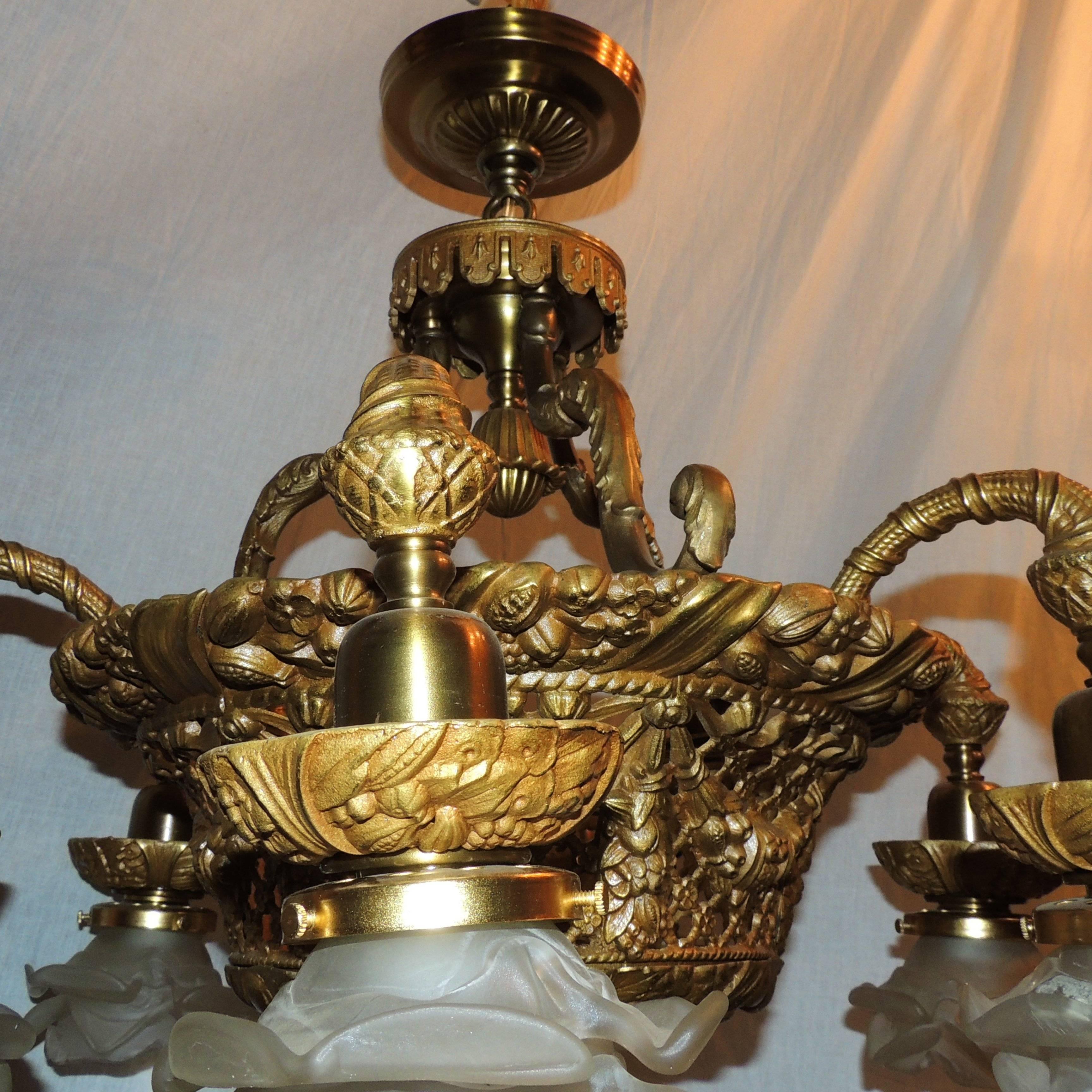 Wonderful French Dore Bronze Basket Form Pierced and Swag Chandelier Fixture In Good Condition In Roslyn, NY