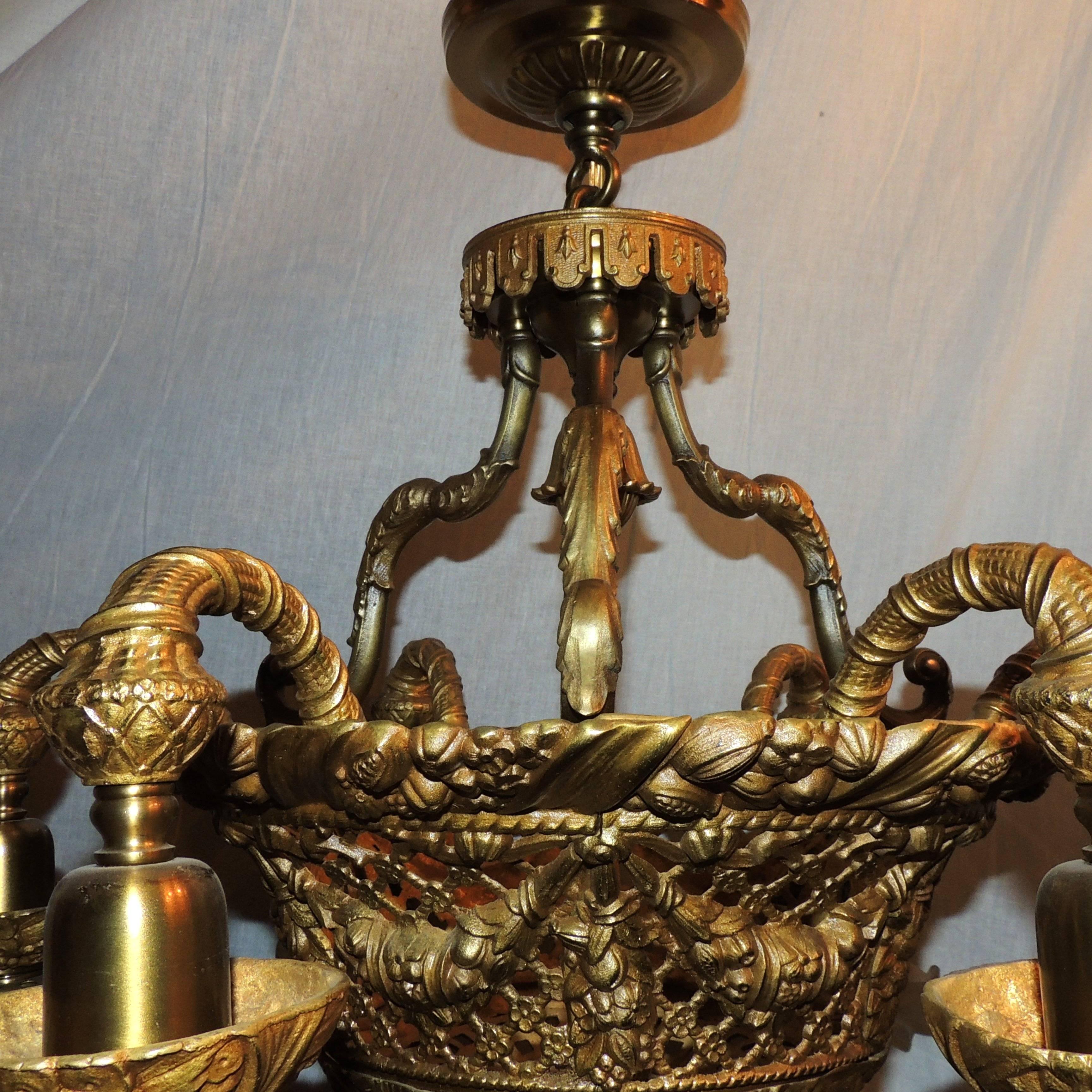 Mid-20th Century Wonderful French Dore Bronze Basket Form Pierced and Swag Chandelier Fixture