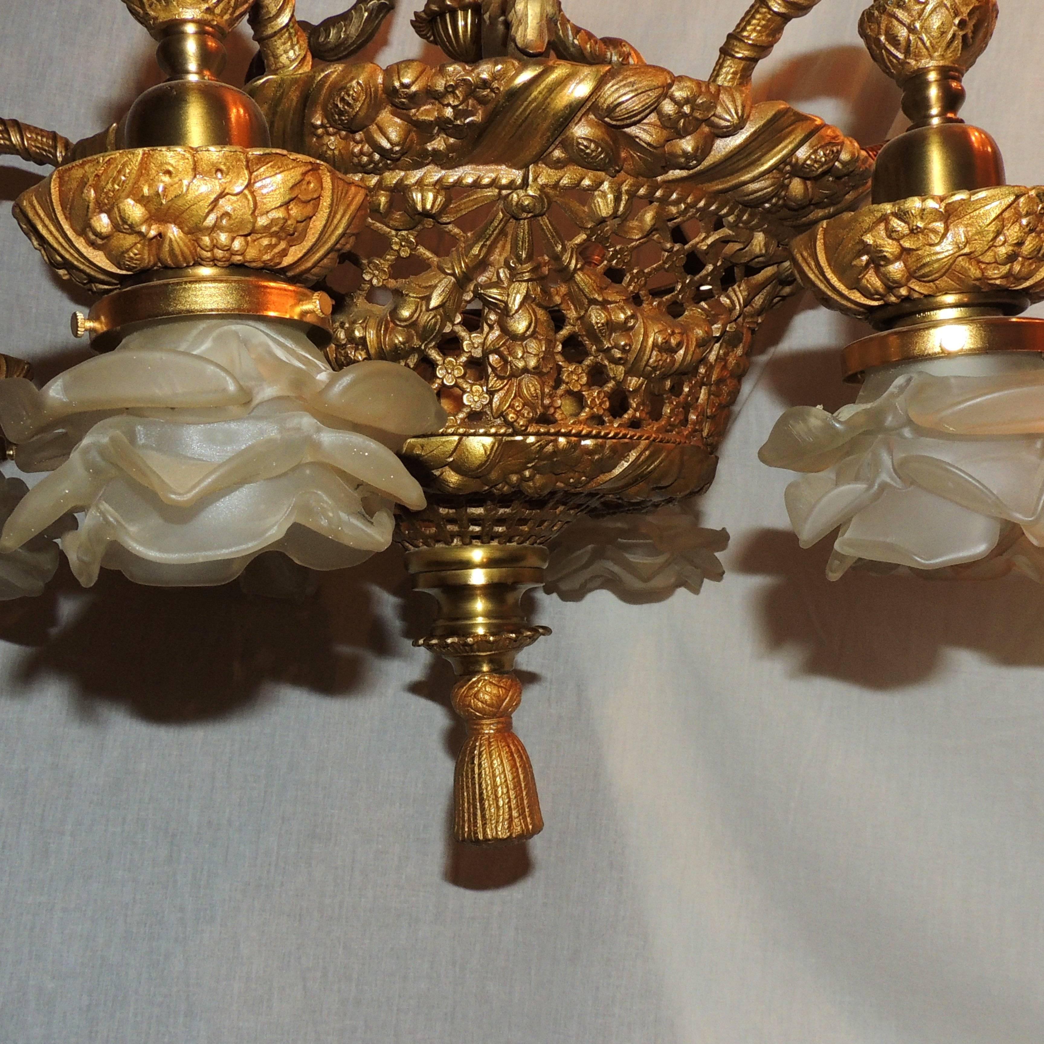 Wonderful French Dore Bronze Basket Form Pierced and Swag Chandelier Fixture 1