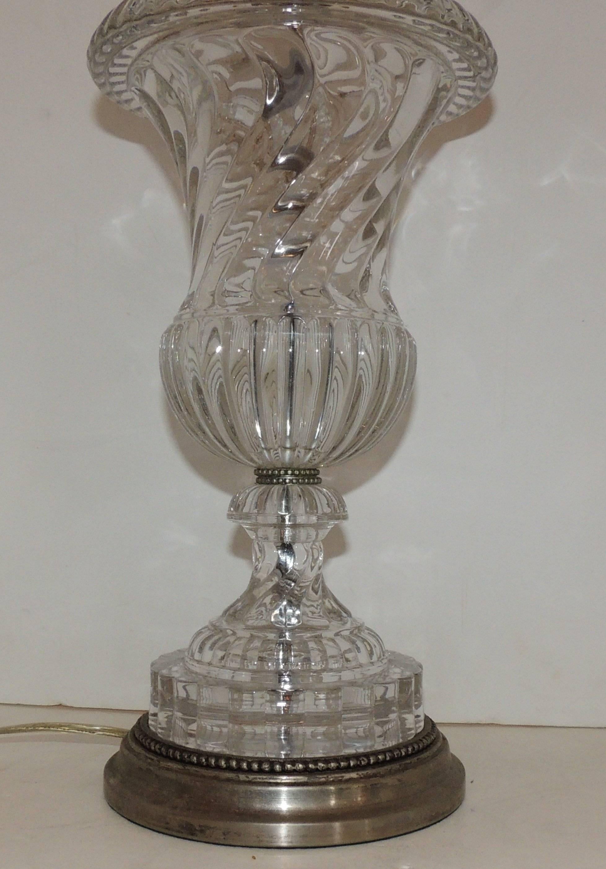 Wonderful Pair Silver Bronze Baccarat Style Swirl Glass Urn Form Crystal Lamps In Good Condition In Roslyn, NY
