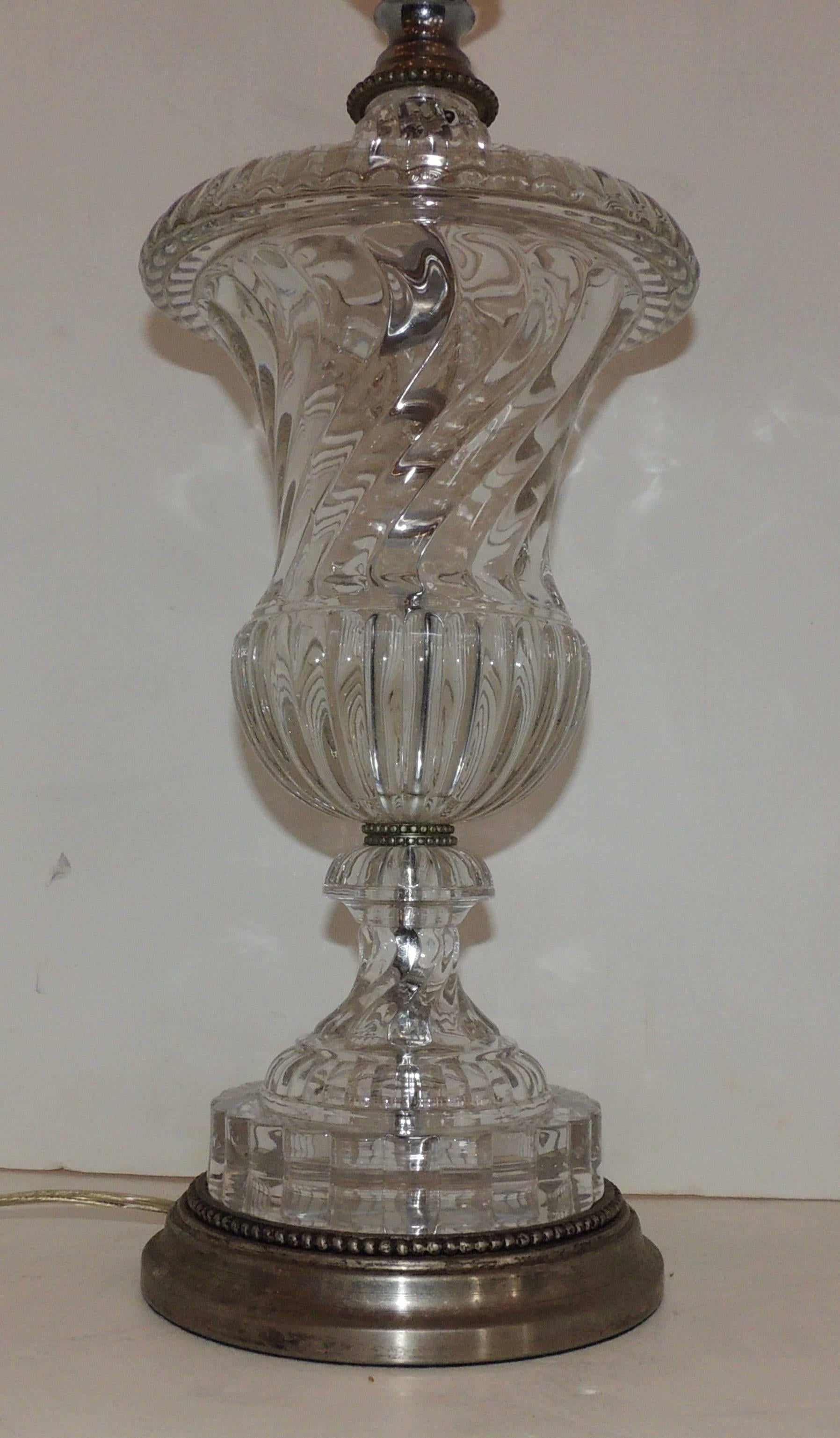 Mid-20th Century Wonderful Pair Silver Bronze Baccarat Style Swirl Glass Urn Form Crystal Lamps