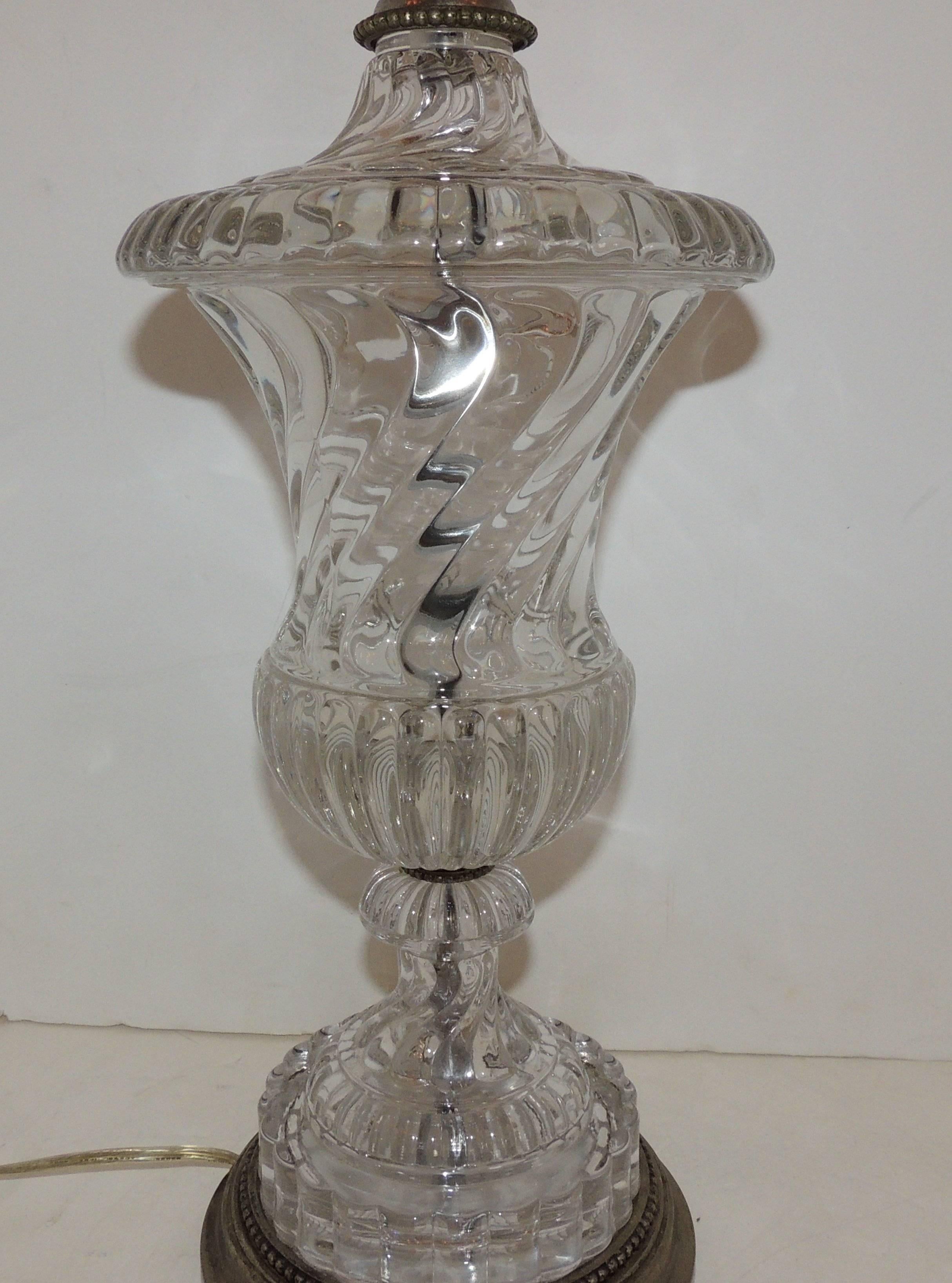French Wonderful Pair Silver Bronze Baccarat Style Swirl Glass Urn Form Crystal Lamps