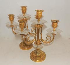 Wonderful Pair Rock Crystal French Doré Bronze Three-Arm Bow Swag Candelabra