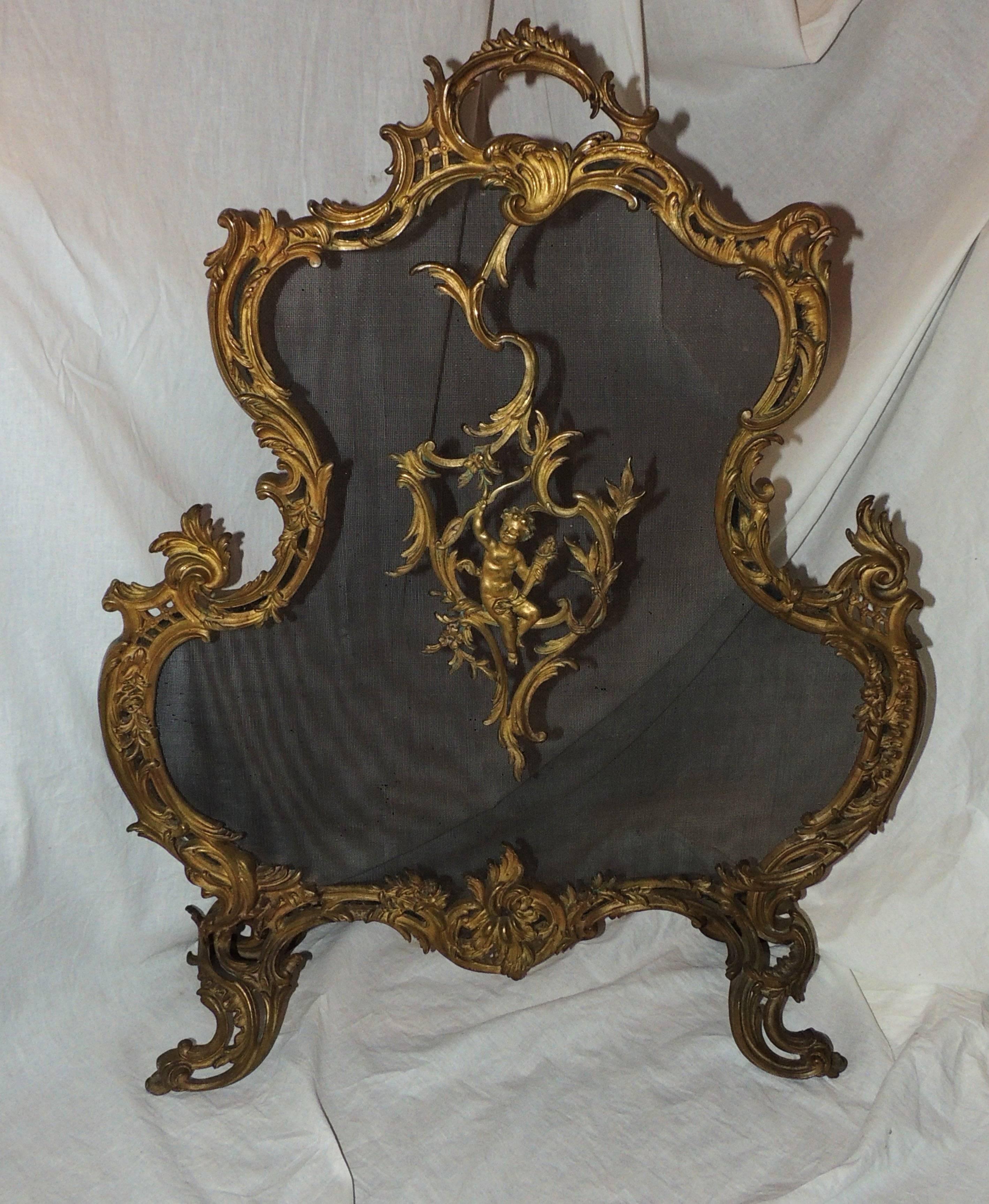 Wonderful French gilt bronze figural cherub Rococo fireplace screen
Beautiful aged bronze fireplace screen with scroll filigree and cherub in center medallion.

Measures: 36" H x 29" W x 8" D.