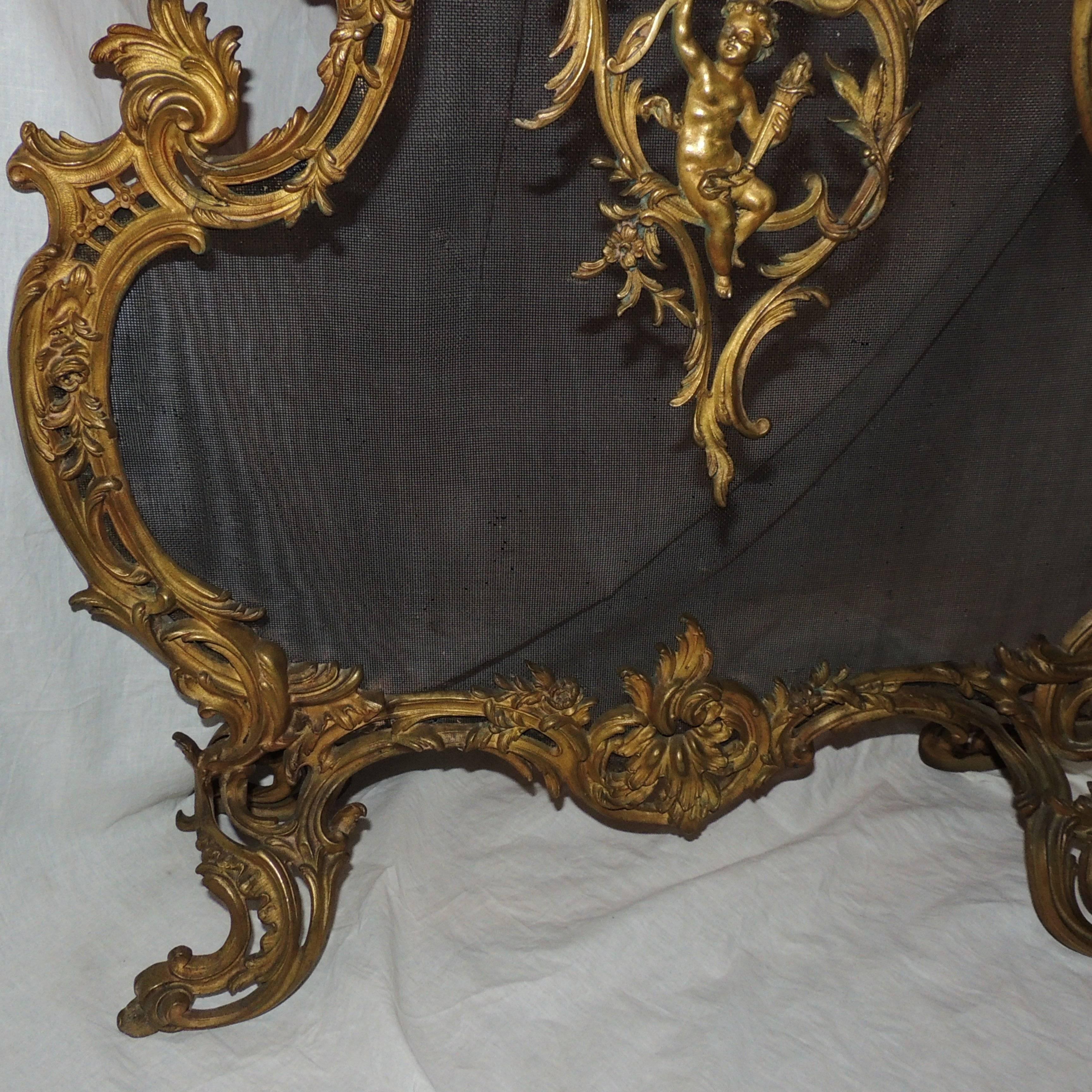 Wonderful French Gilt Bronze Figural Cherub Rococo Fireplace Screen 1