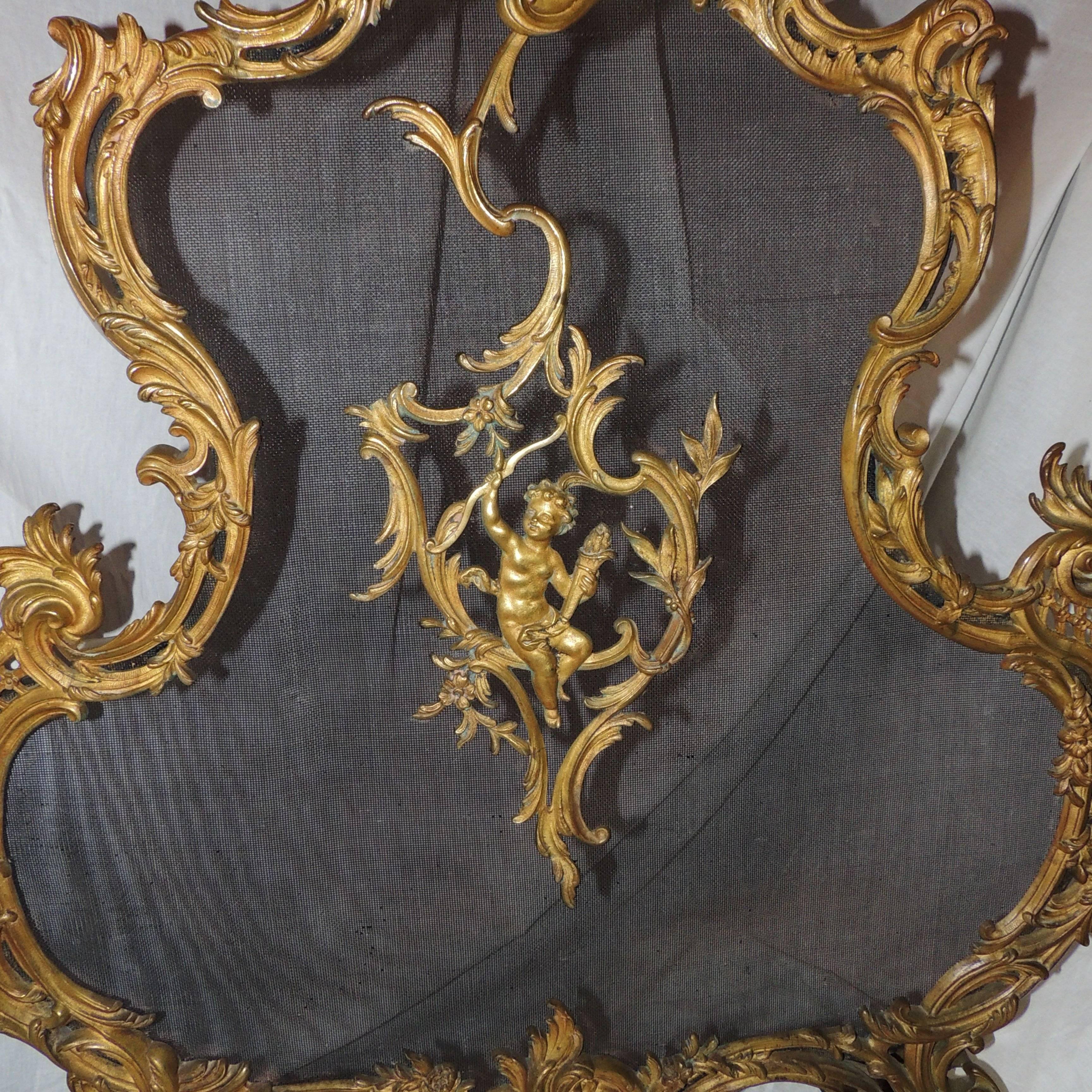 Early 20th Century Wonderful French Gilt Bronze Figural Cherub Rococo Fireplace Screen
