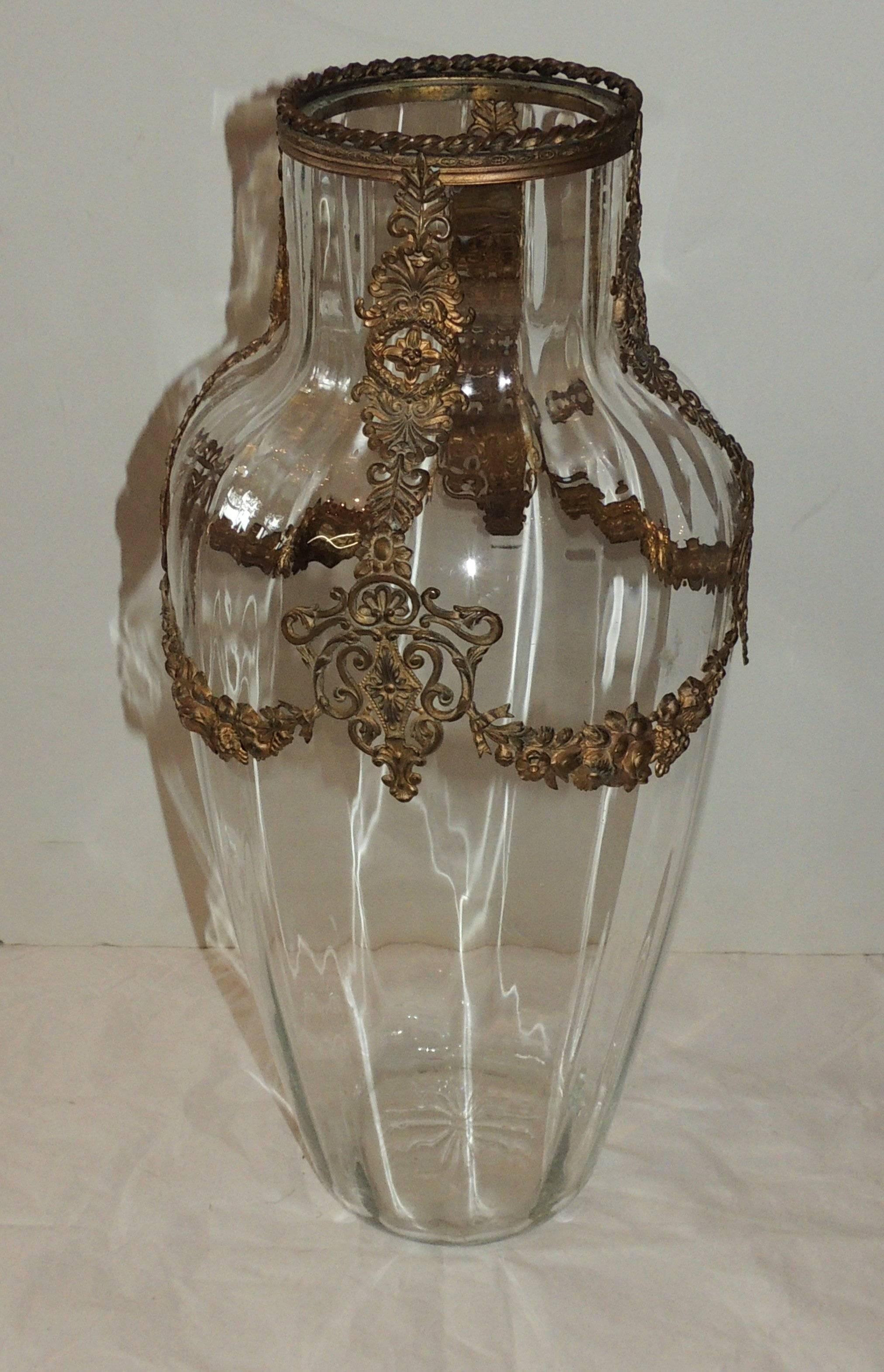 Belle Époque Beautiful French Gilt Bronze Ormolu Mounted Large Crystal Glass Vase Centerpiece