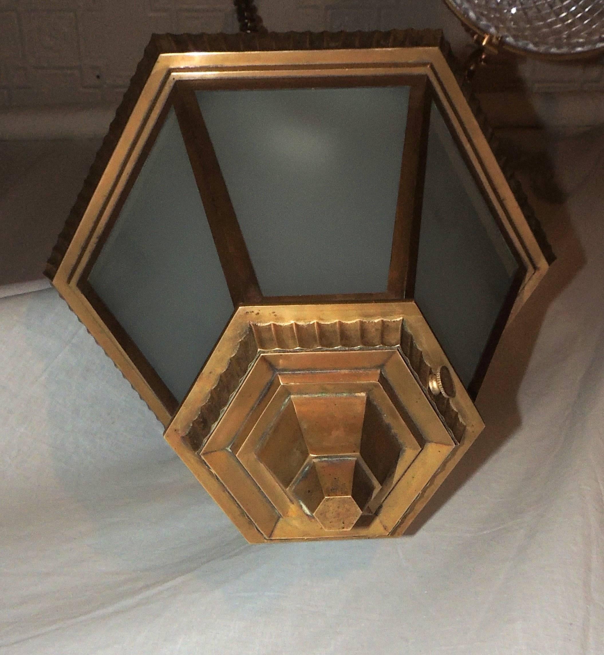 Wonderful Art Deco Bronze Frosted Glass Hexagon Flush Mount Pendent Fixture For Sale 1