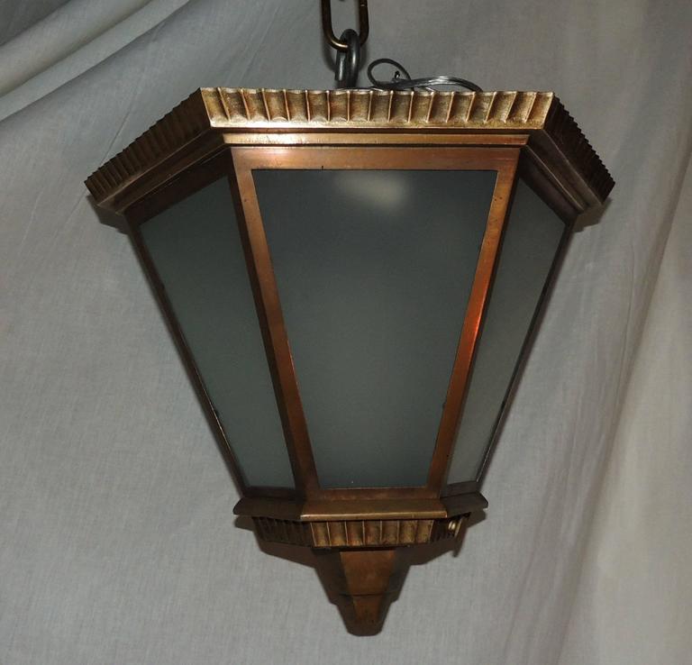 Wonderful Art Deco Bronze Frosted Glass Hexagon Flush Mount Pendent