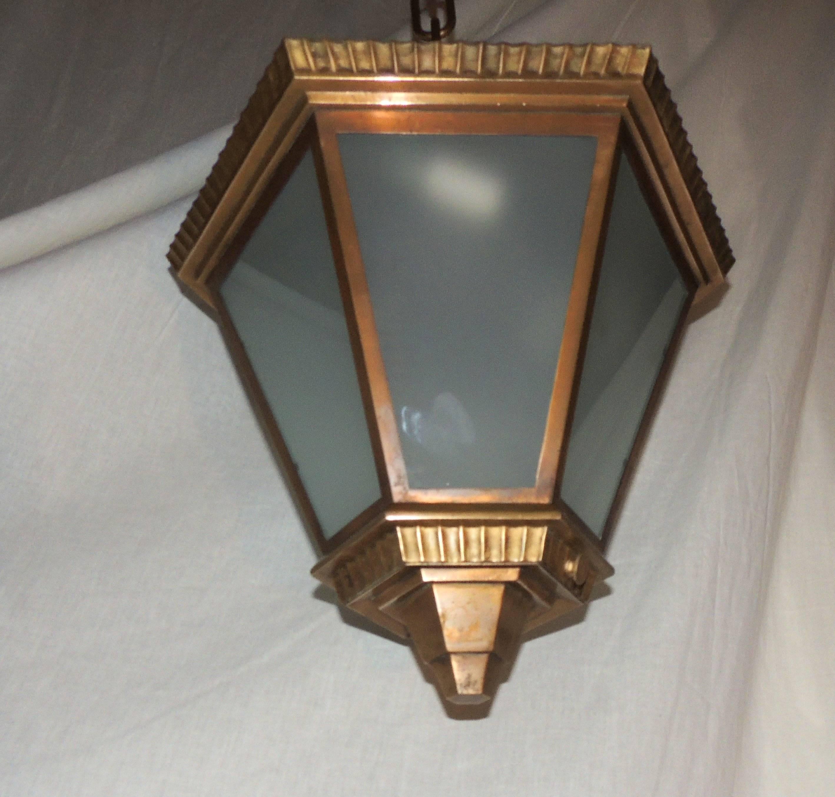 Mid-20th Century Wonderful Art Deco Bronze Frosted Glass Hexagon Flush Mount Pendent Fixture For Sale