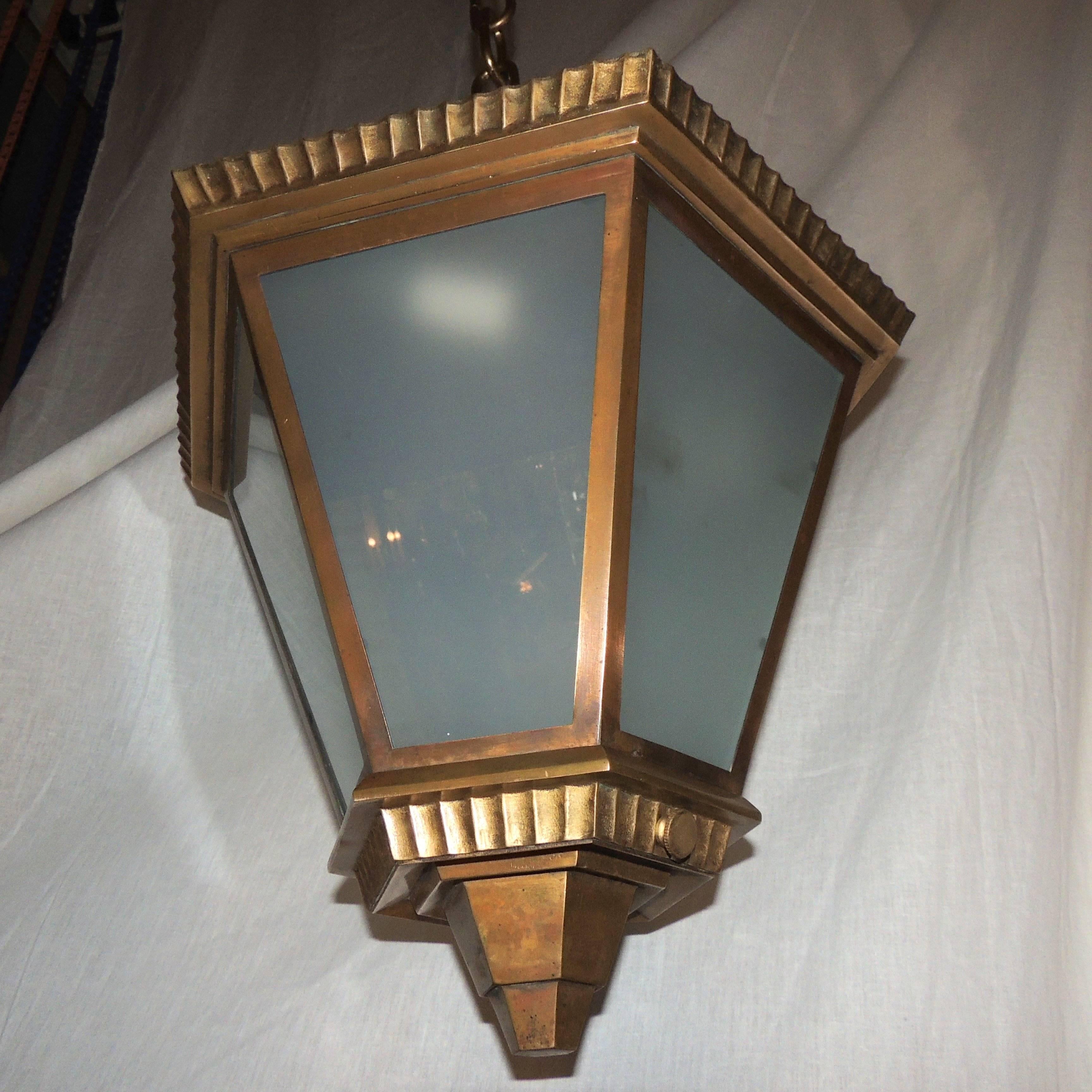 Wonderful Art Deco Bronze Frosted Glass Hexagon Flush Mount Pendent Fixture In Good Condition For Sale In Roslyn, NY