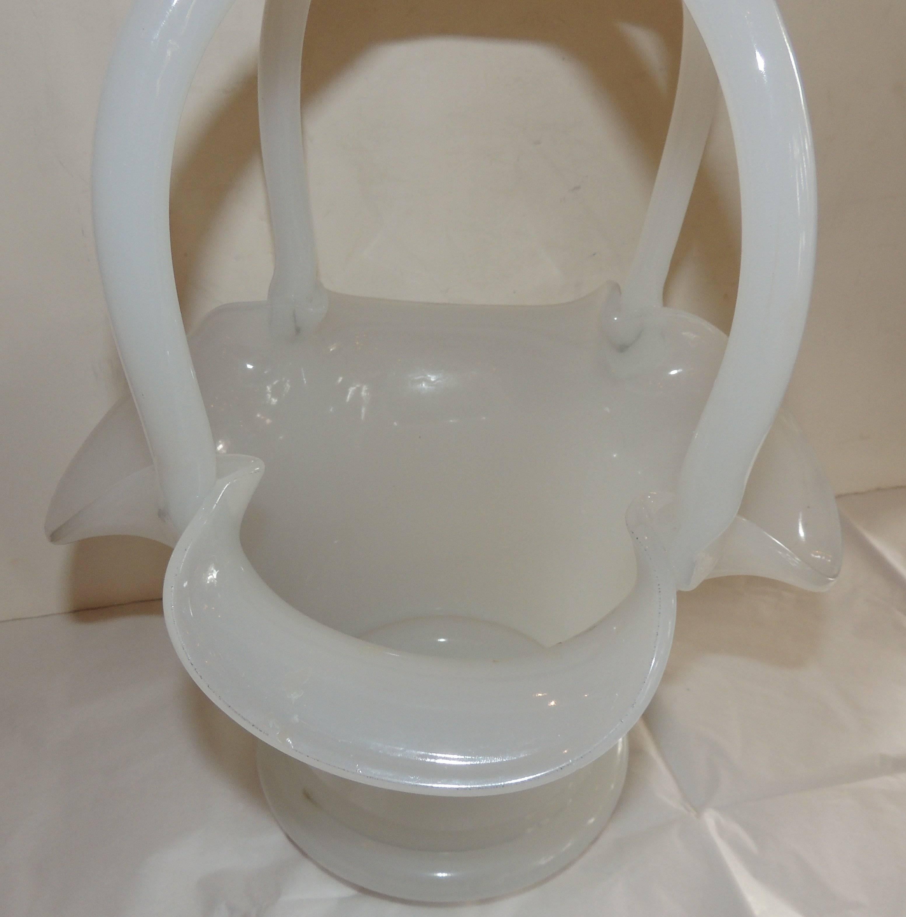 Wonderful Large Opaline Handle Flower Basket Form Vase Centrepiece In Good Condition For Sale In Roslyn, NY
