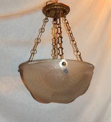 Fine Art Deco Frosted Floral Bowl Bronze Four-Light Chandelier Lalique Fixture