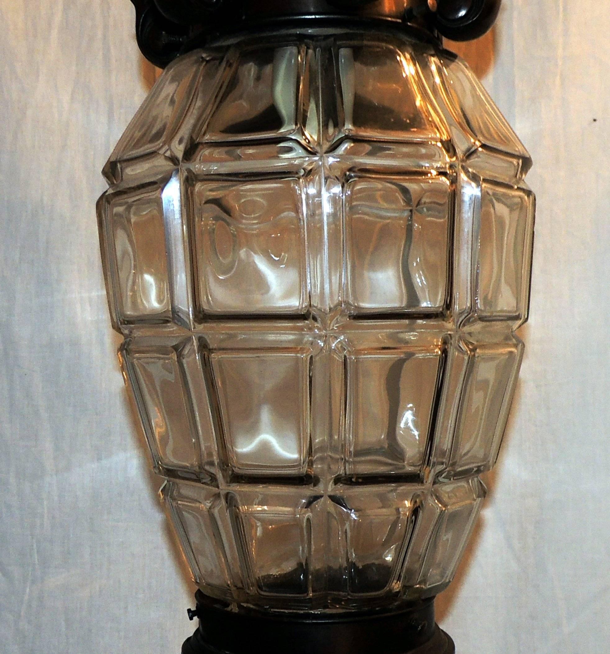 Mid-20th Century Handsome French Patine Bronze Beveled Panel Glass Lantern Pendent Fixture For Sale