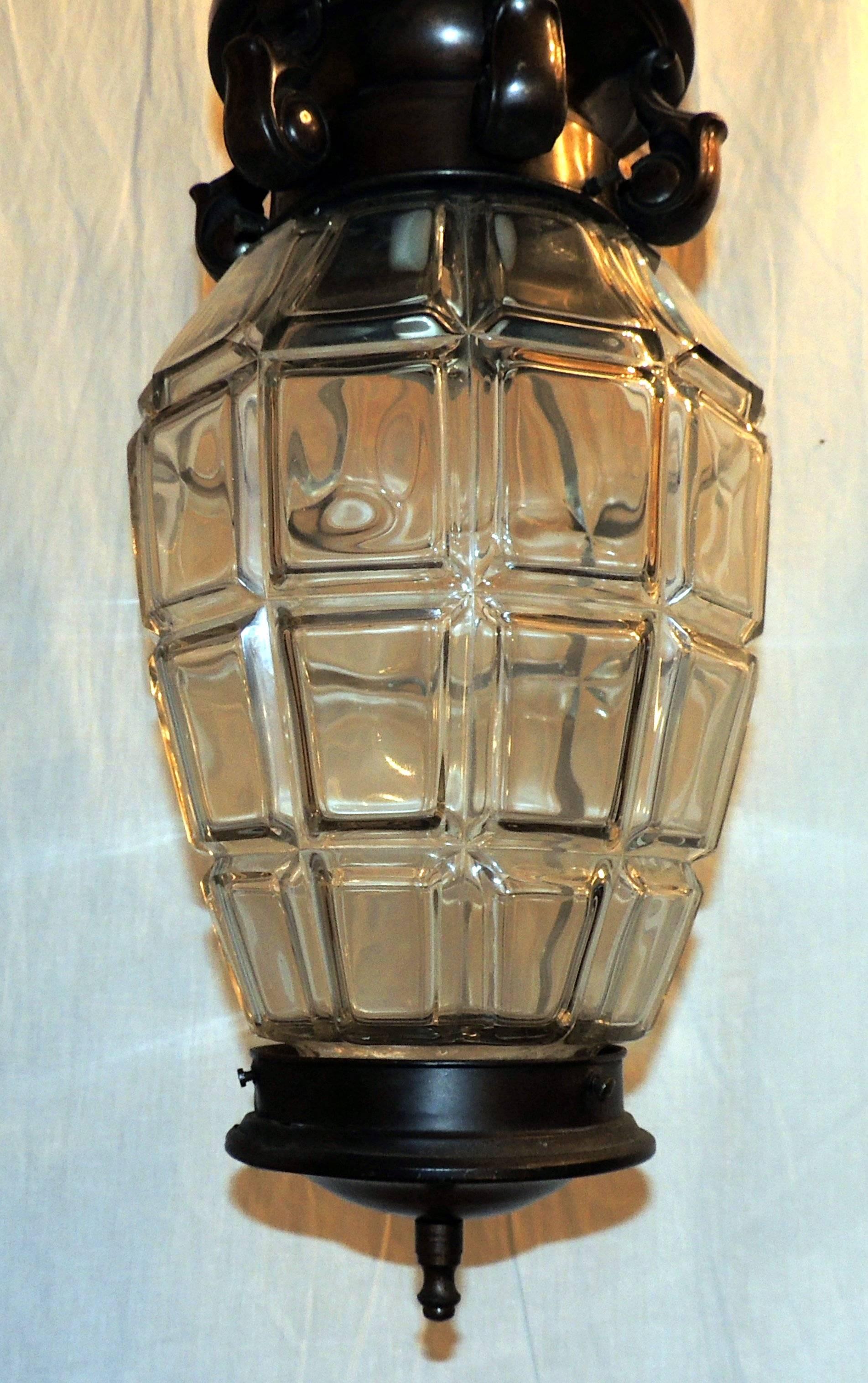 Handsome French Patine Bronze Beveled Panel Glass Lantern Pendent Fixture For Sale 2