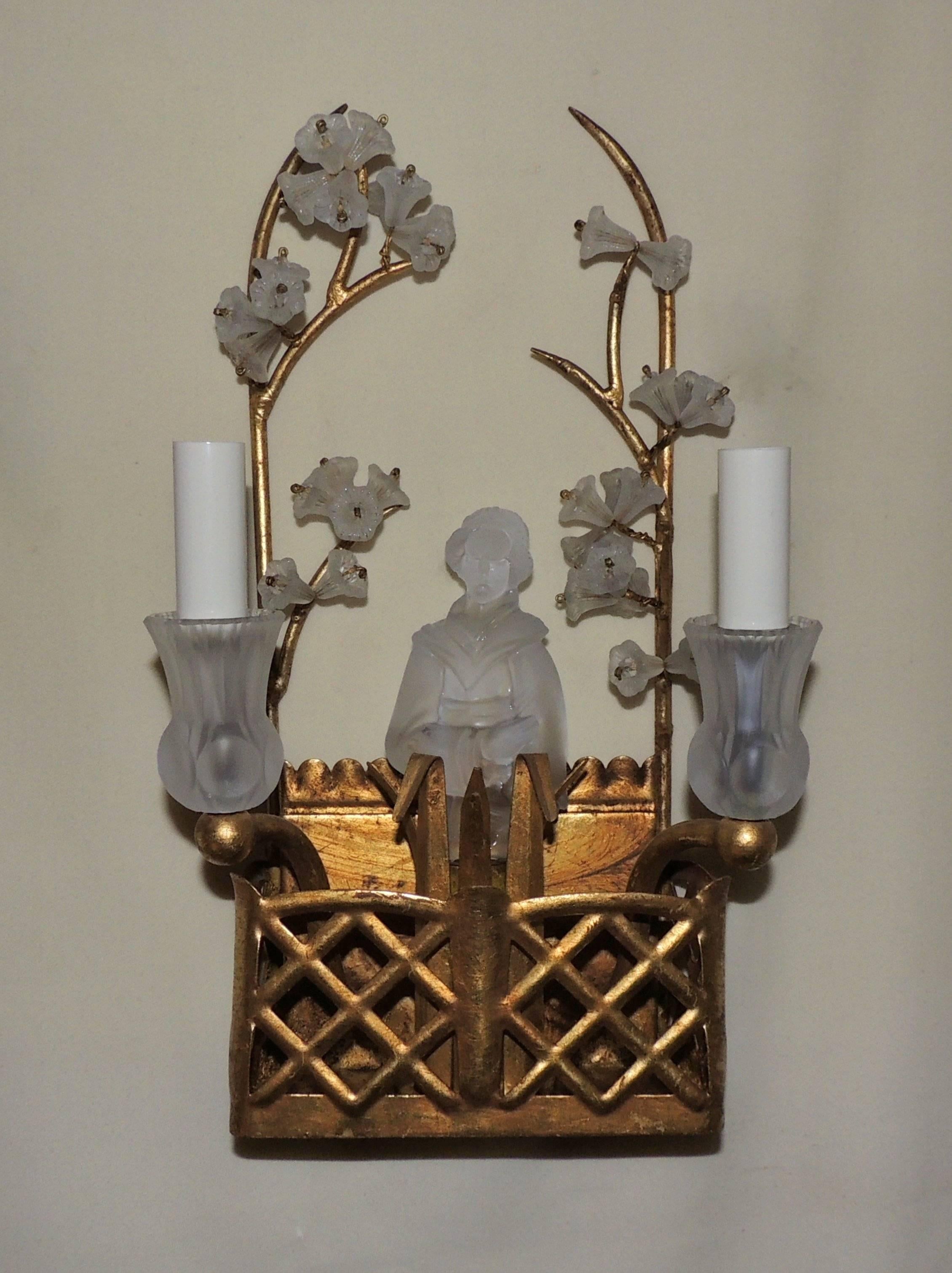 Frosted Wonderful Vintage Pair of Sherle Wagner Chinoiserie Basket Glass Flower Sconces
