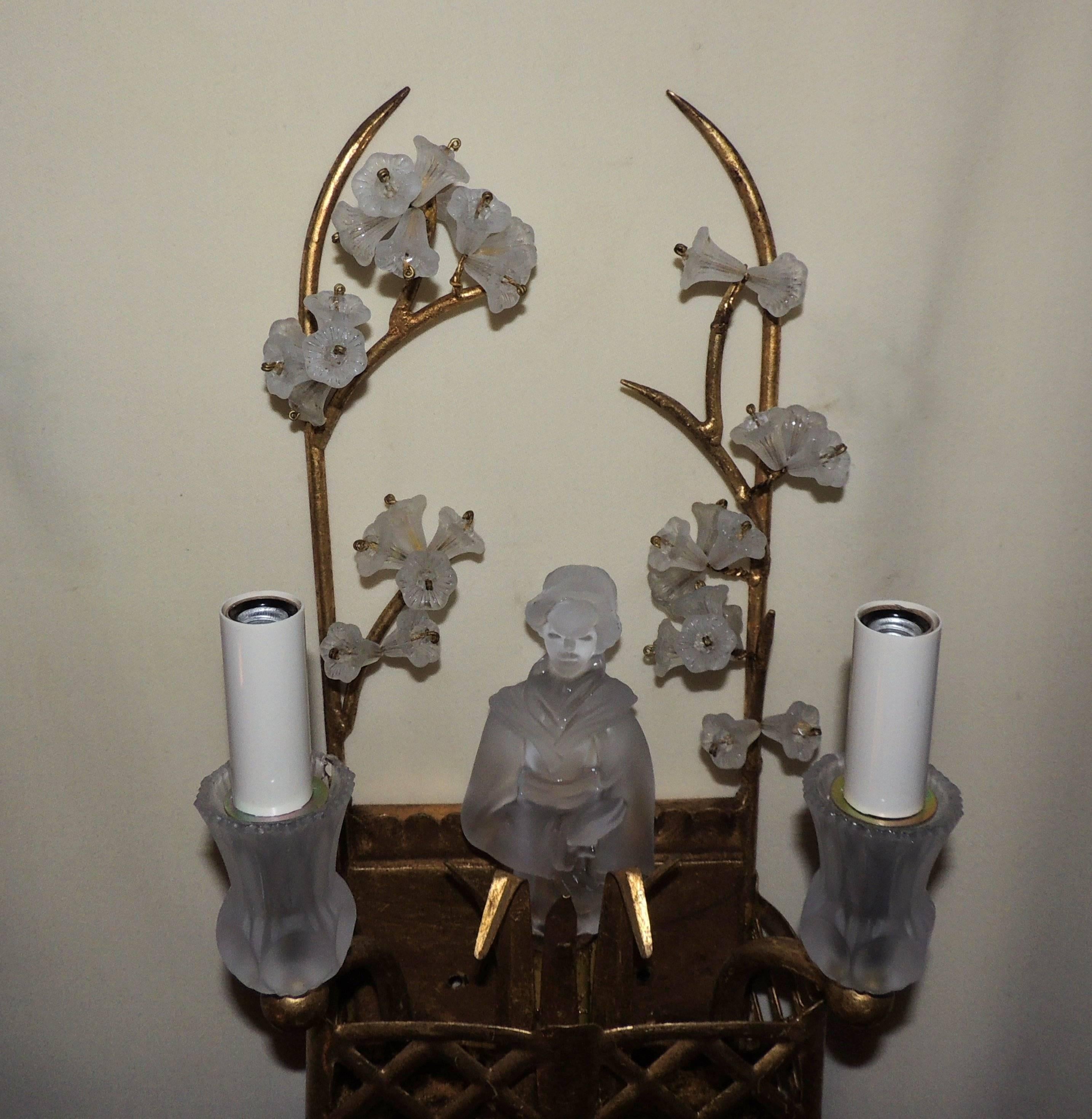 Wonderful Vintage Pair of Sherle Wagner Chinoiserie Basket Glass Flower Sconces In Good Condition In Roslyn, NY