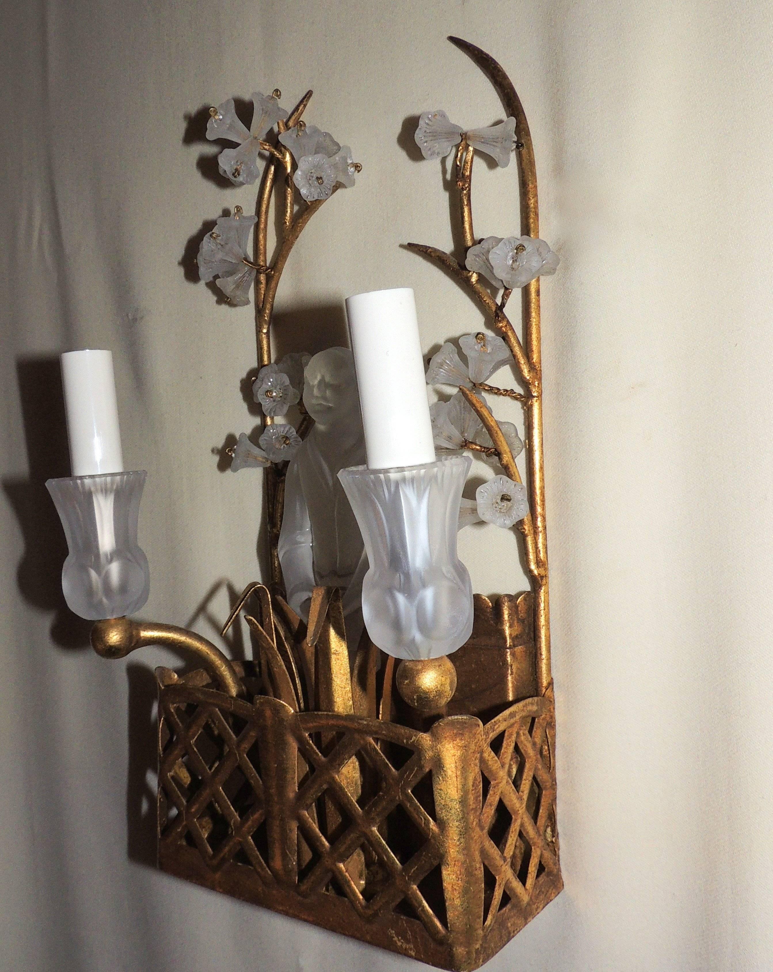 Mid-20th Century Wonderful Vintage Pair of Sherle Wagner Chinoiserie Basket Glass Flower Sconces