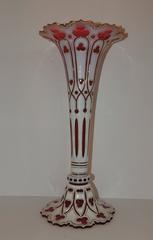 Wonderful Large Bohemian Gilt White Red Cut Crystal Glass Vase Gold Gilt Clover