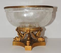 Wonderful French Regency Dolphin Bronze Quartz Rock Crystal Bowl Centrepiece