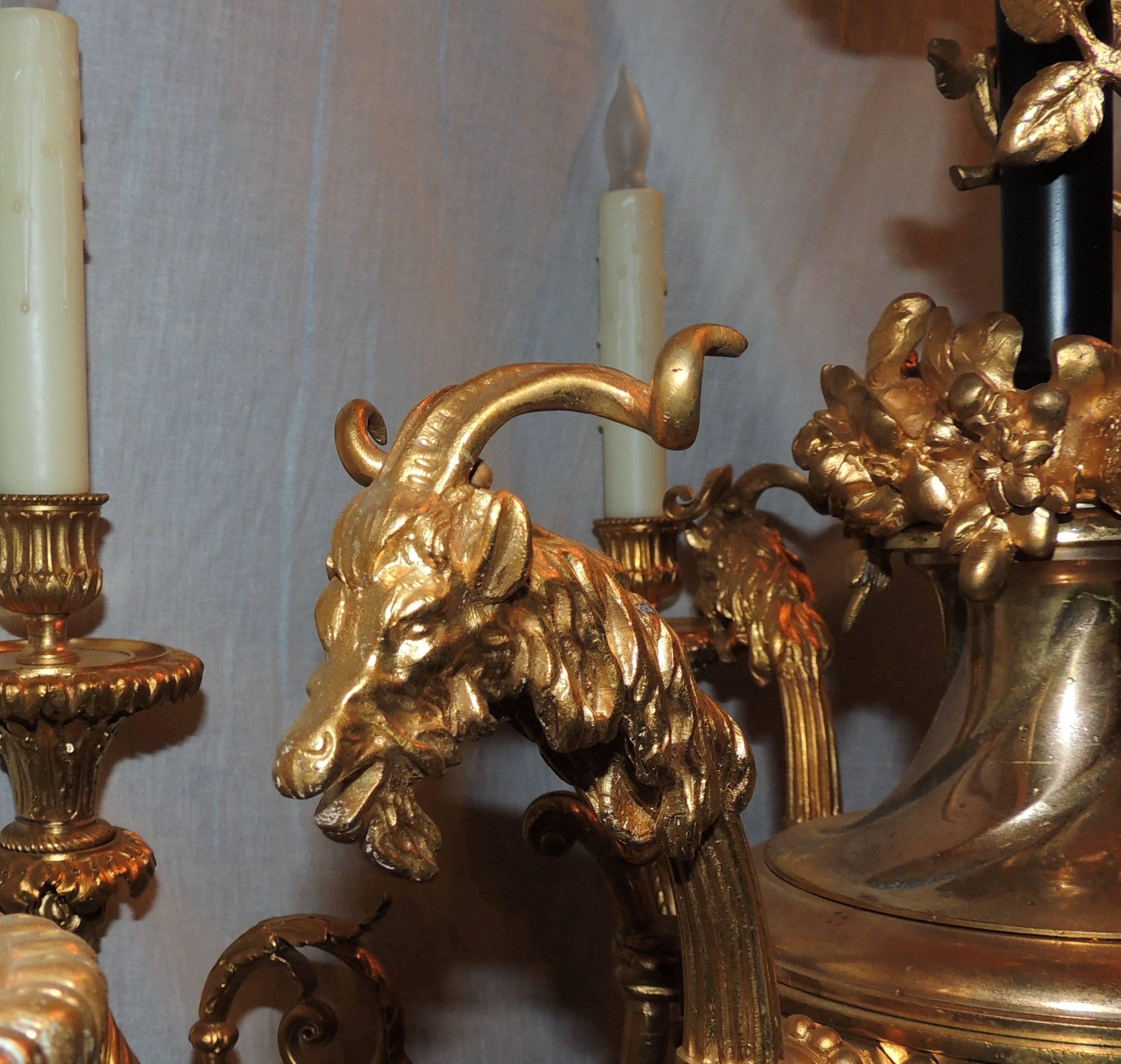 Early 20th Century French Empire Neoclassical Six-Light Dore Bronze Goat Flower Chandelier