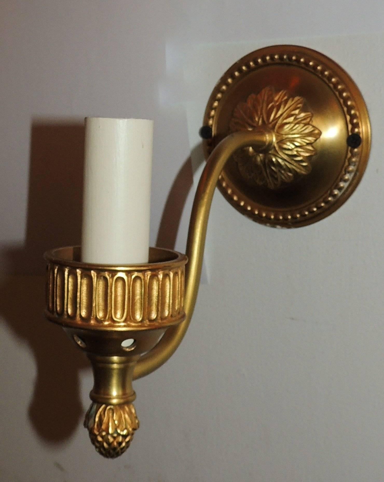 Regency Handsome Pair French Gilt Bronze Rosette Hurricane Glass Shade Sconces Fixtures