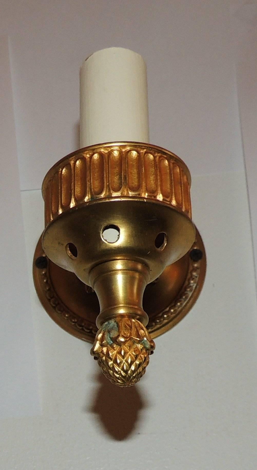 Handsome Pair French Gilt Bronze Rosette Hurricane Glass Shade Sconces Fixtures 2