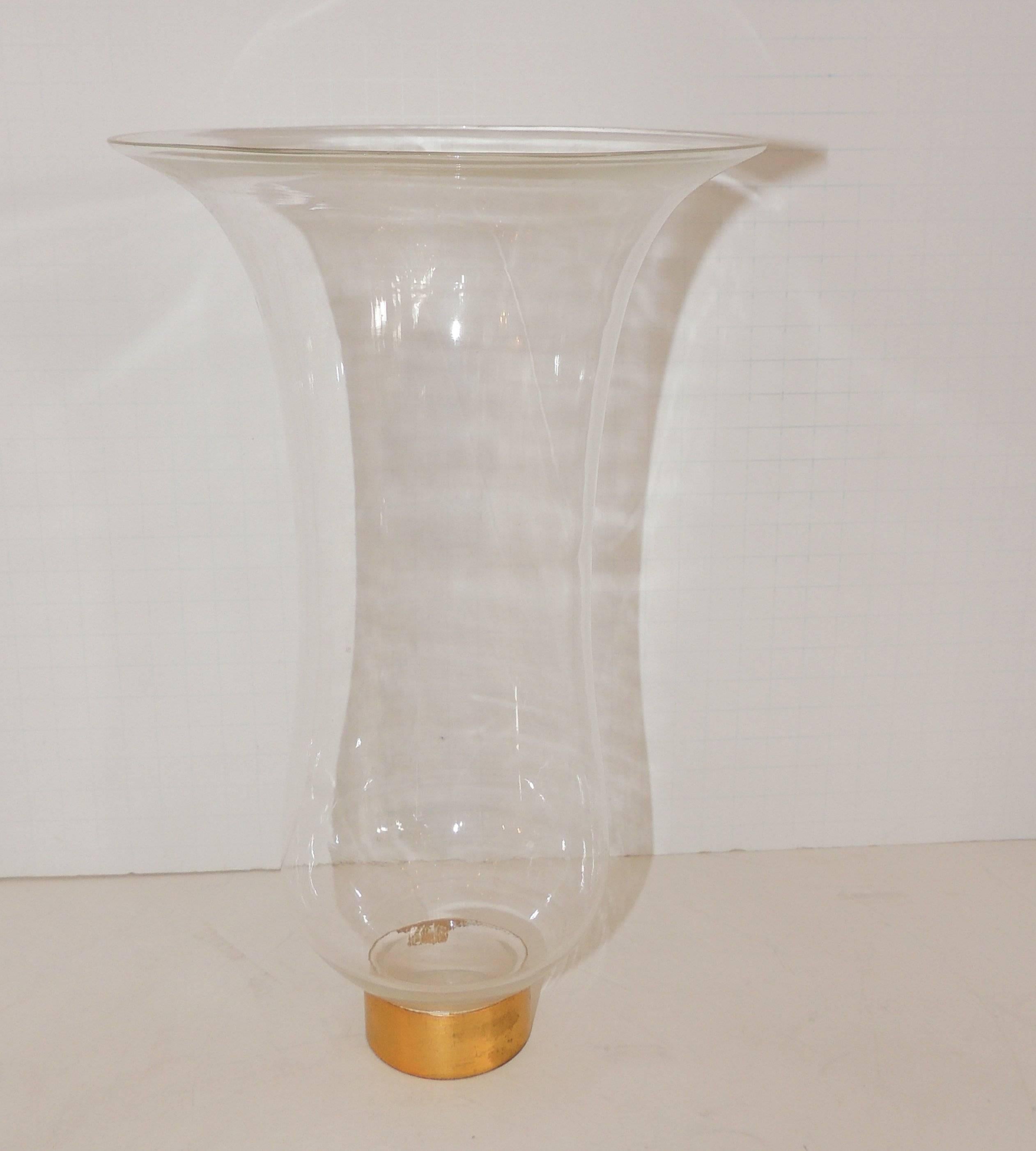 Mid-20th Century Handsome Pair French Gilt Bronze Rosette Hurricane Glass Shade Sconces Fixtures