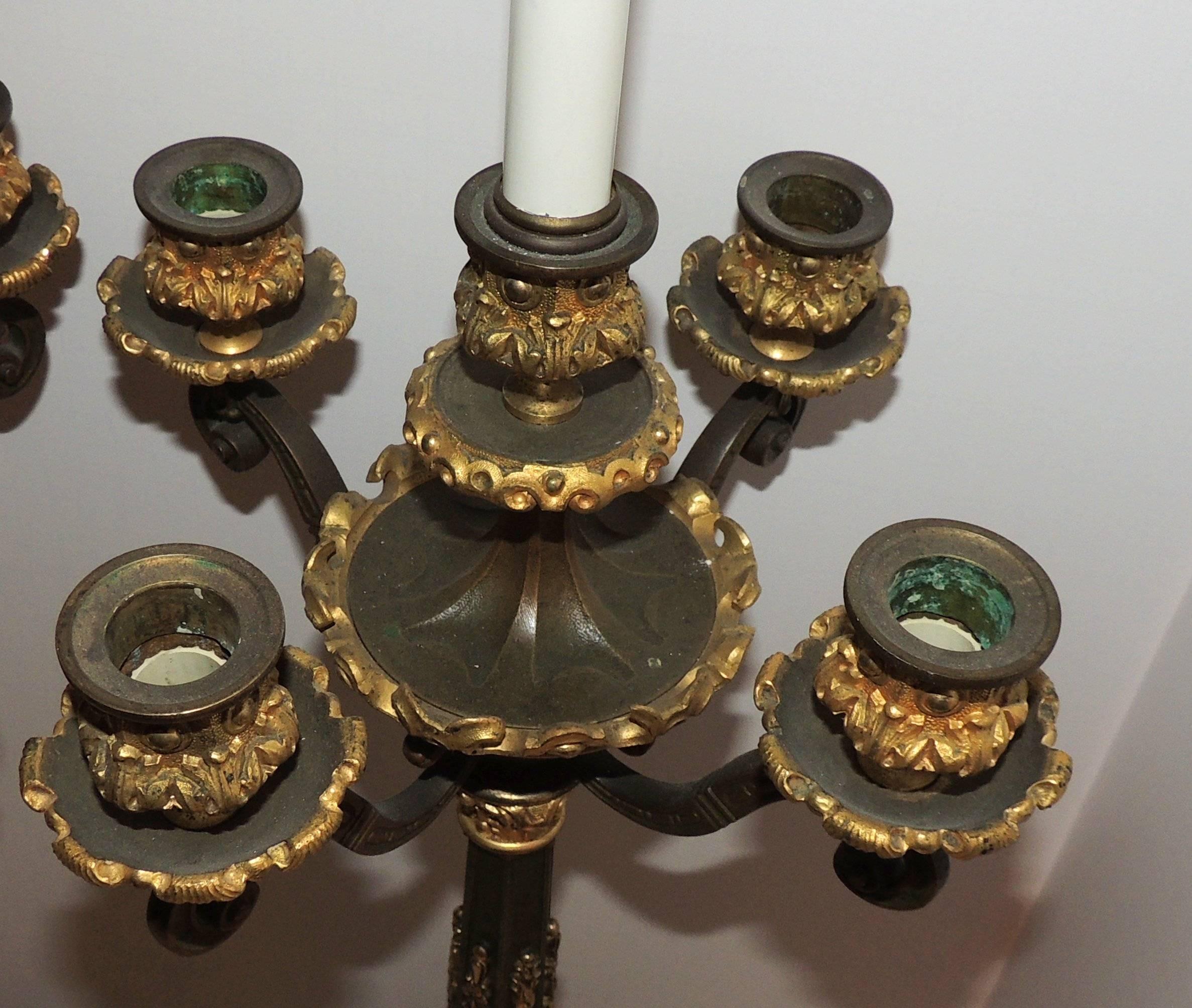 Wonderful Pair French Empire Gilt Ormolu Patinated 2 Light Fine Candelabra Lamps In Good Condition In Roslyn, NY