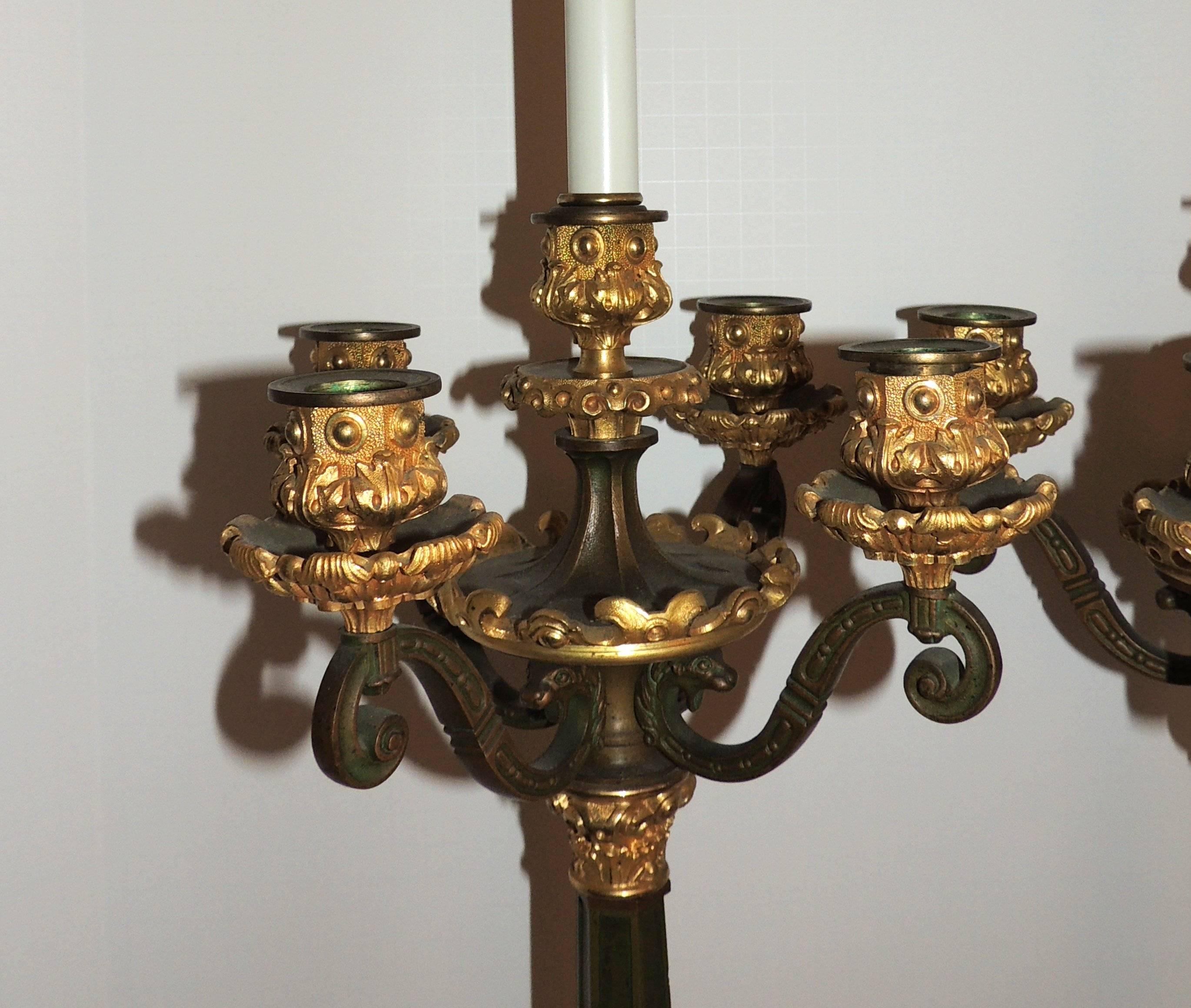 19th Century Wonderful Pair French Empire Gilt Ormolu Patinated 2 Light Fine Candelabra Lamps