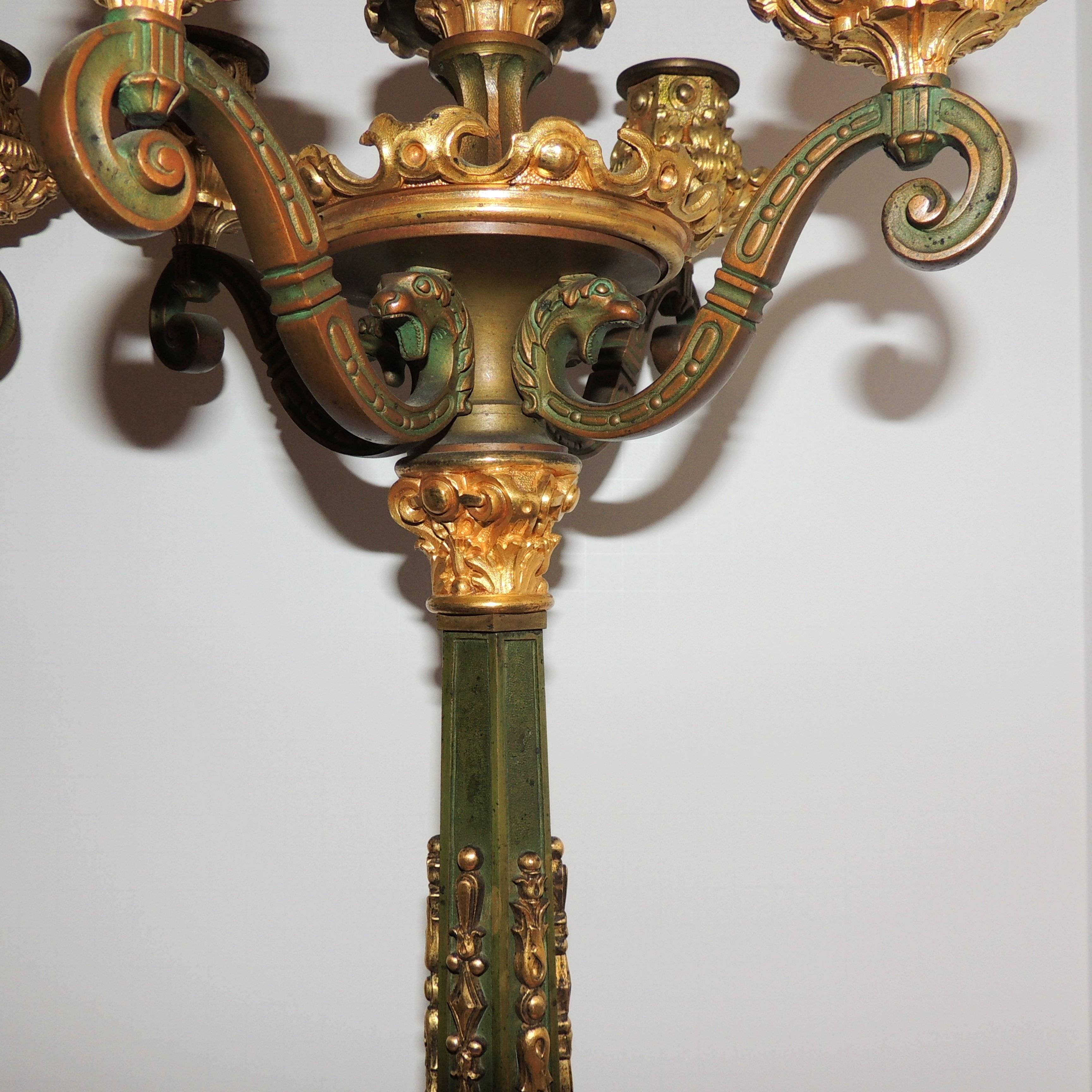 Bronze Wonderful Pair French Empire Gilt Ormolu Patinated 2 Light Fine Candelabra Lamps