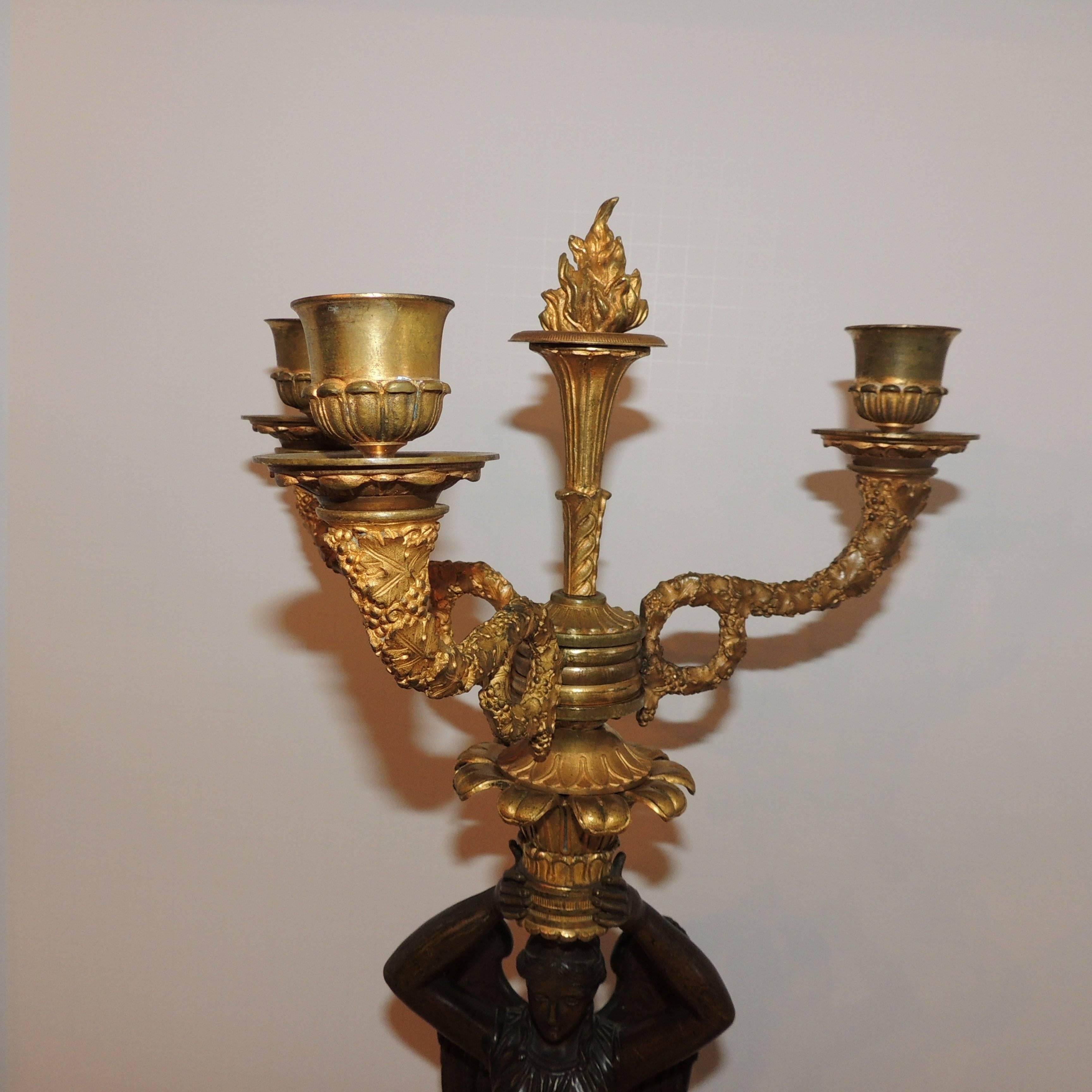 Gilt Wonderful Pair of French Empire Dore Bronze Ormolu-Mounted Figural Candelabras