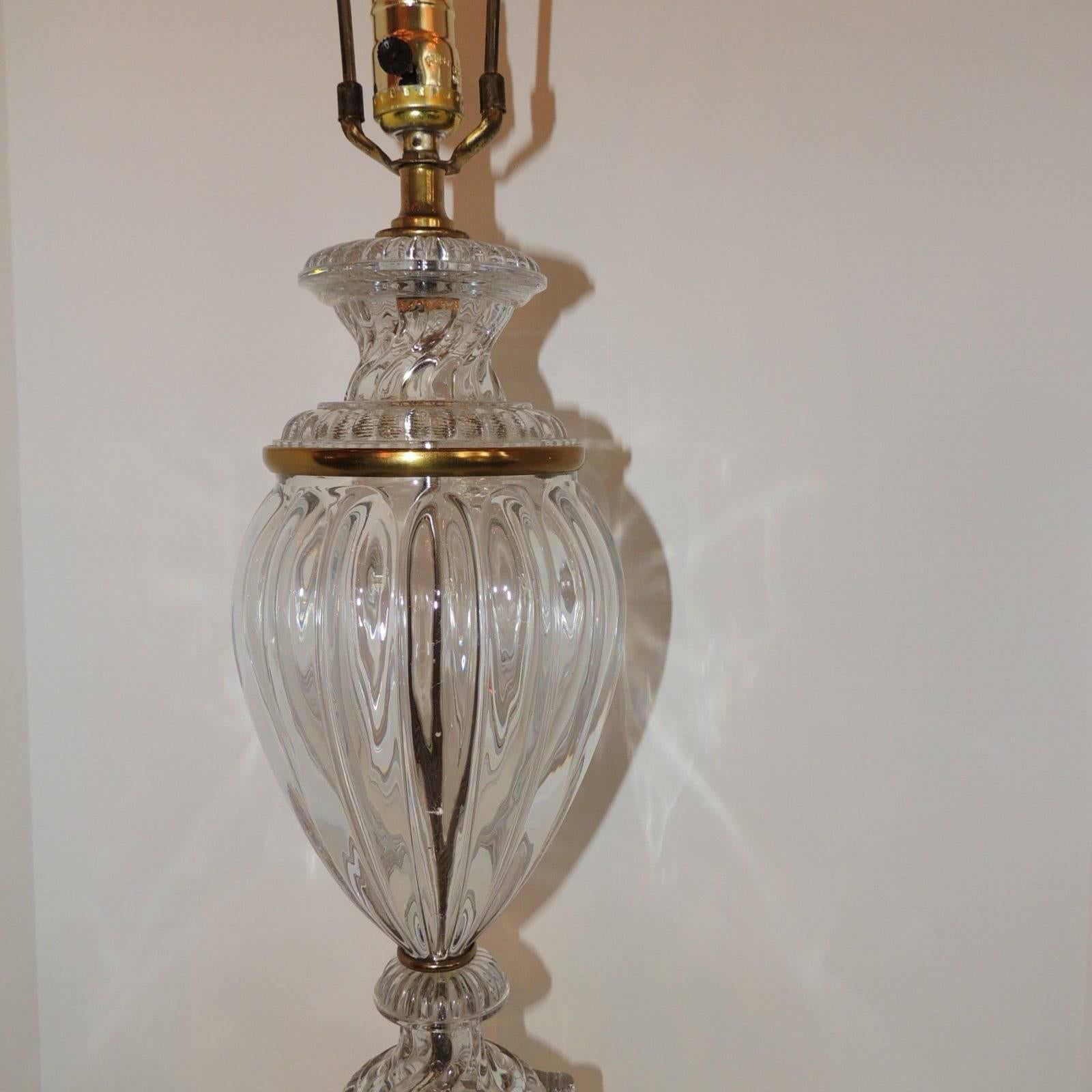 Wonderful Pair Ormolu Doré Bronze Cut Crystal Glass Urn Form Fluted Tall Lamps In Good Condition In Roslyn, NY