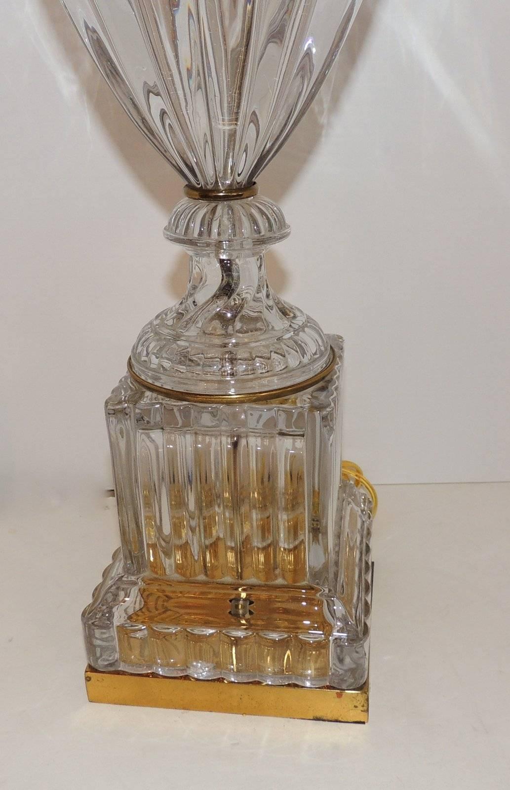 Wonderful Pair Ormolu Doré Bronze Cut Crystal Glass Urn Form Fluted Tall Lamps 2