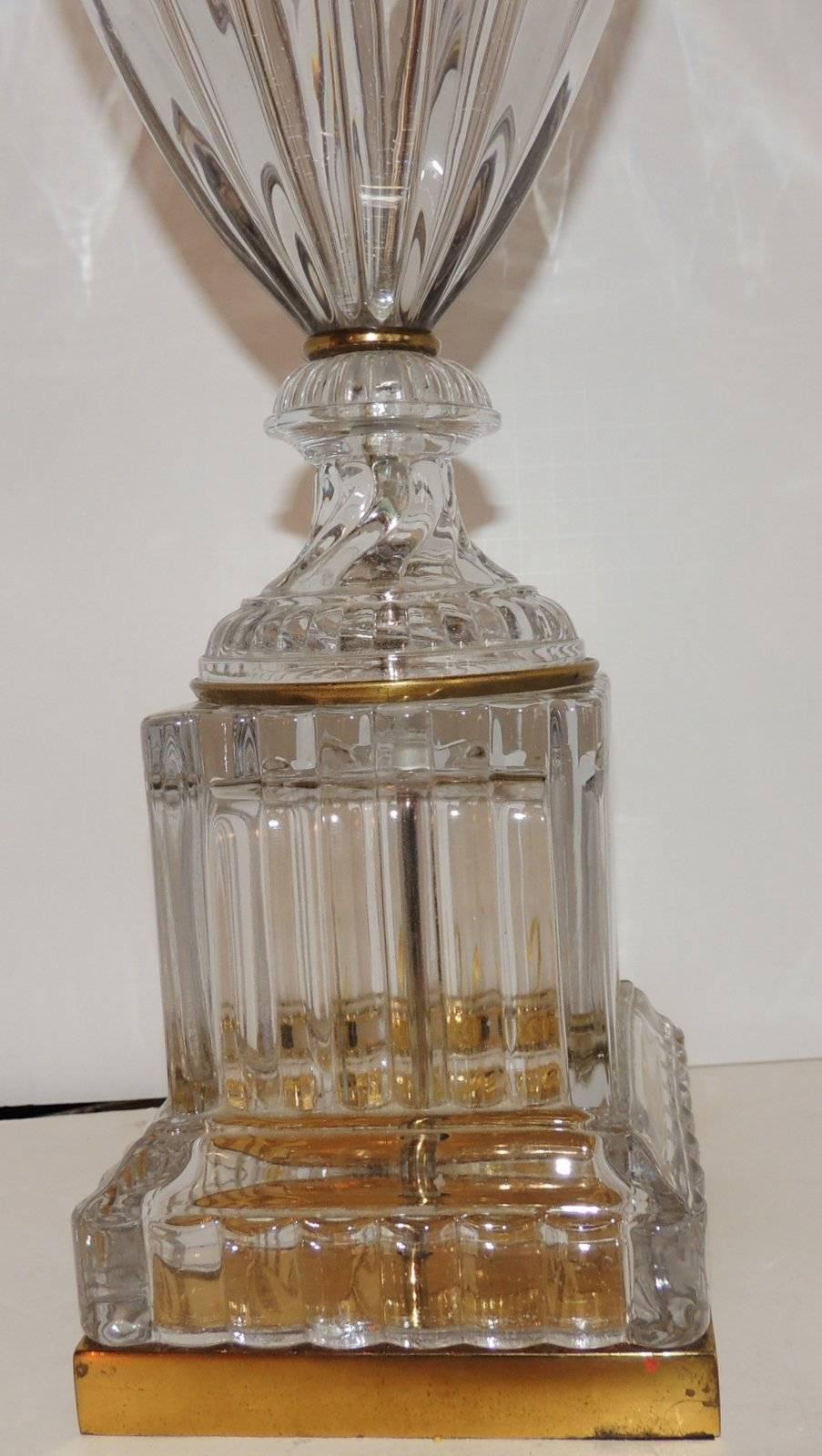 Wonderful Pair Ormolu Doré Bronze Cut Crystal Glass Urn Form Fluted Tall Lamps 1