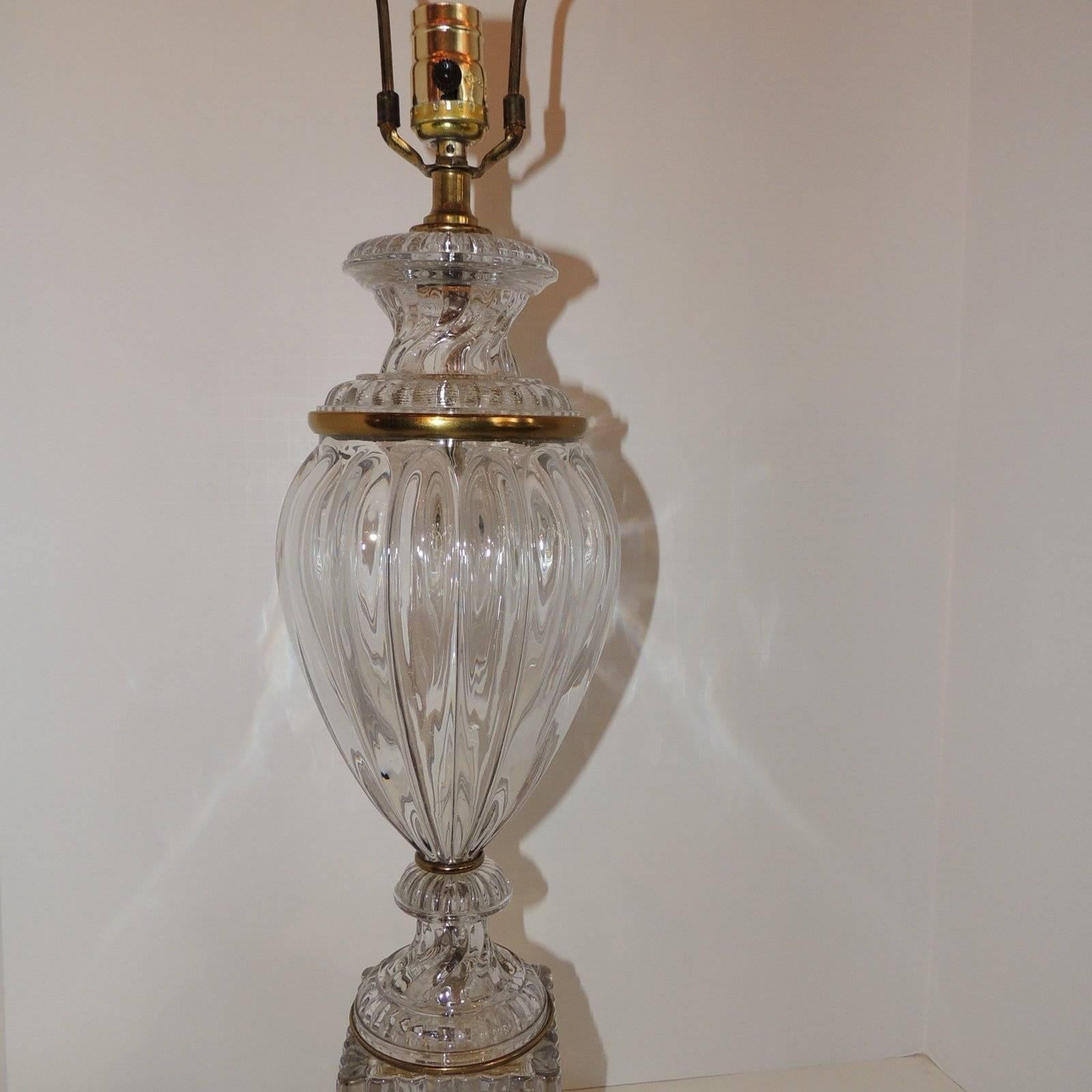 Mid-20th Century Wonderful Pair Ormolu Doré Bronze Cut Crystal Glass Urn Form Fluted Tall Lamps