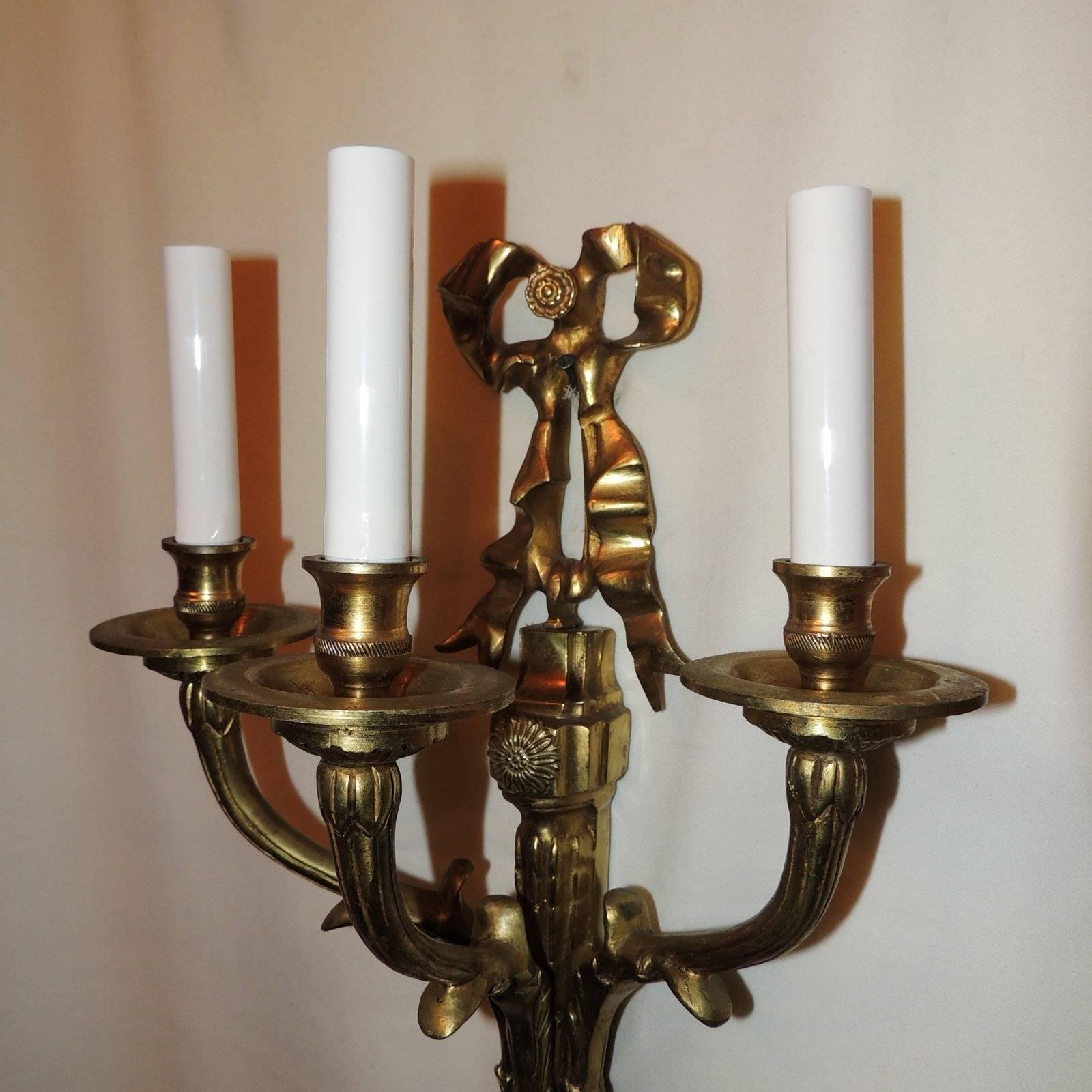 Elegant Set 6 French Gilt Bronze 3 Pair Bow Top Rosette 3 Arm Filigree Sconces 4